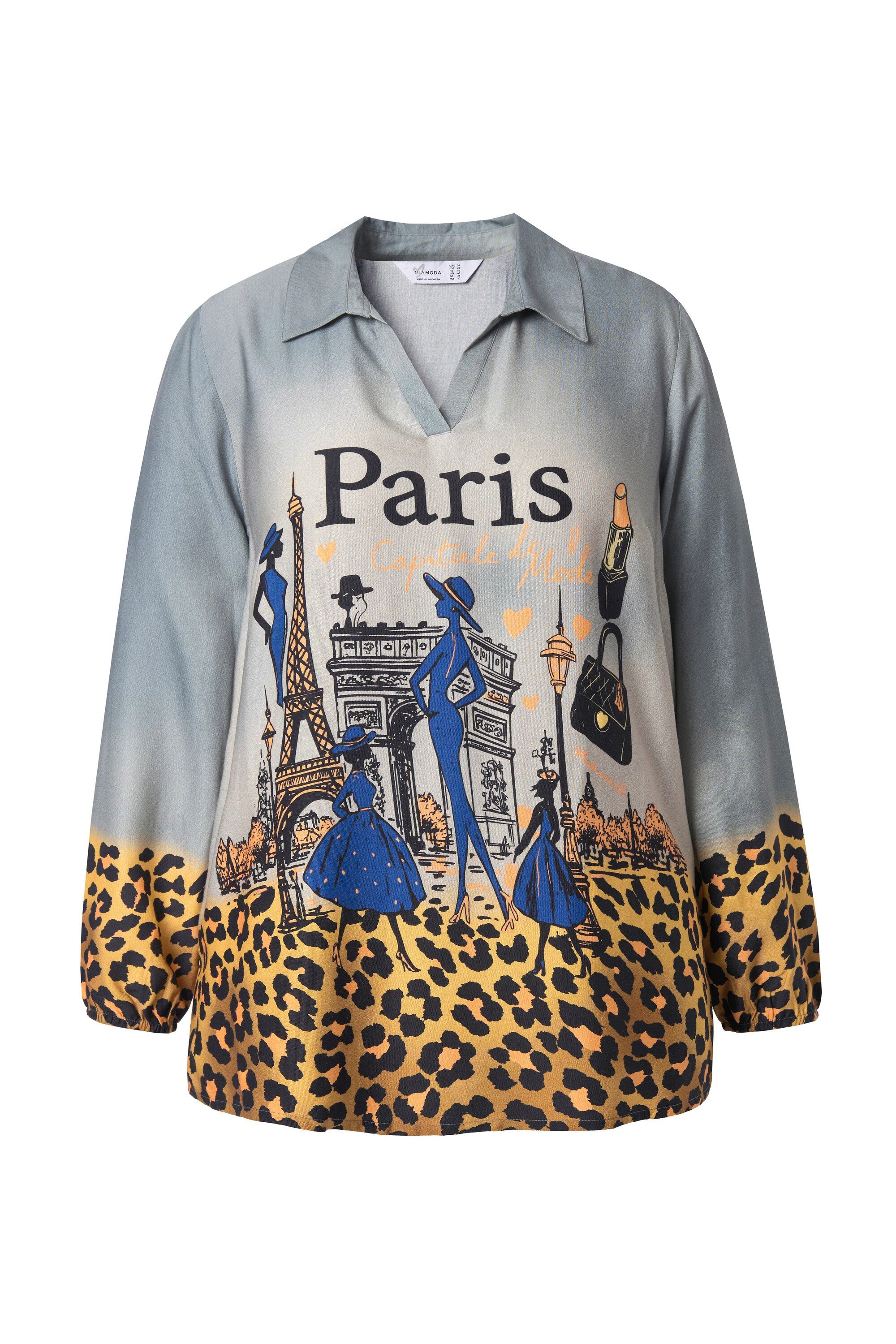 MIAMODA Longbluse Tunikabluse A-Linie Paris-Print Leo-Kanten Langarm