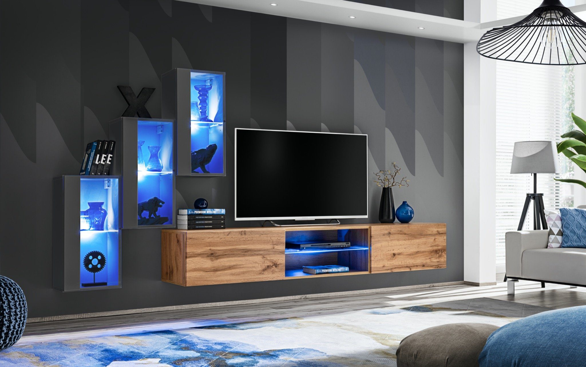 Luxus LED TV Wohnzimmermöbel 3x Wohnwand Vitrine), 3x 4tlg Hänge TV Ständer, JVmoebel (4-St., Hänge Ständer + Wohnwand beleuchtet Vitrine