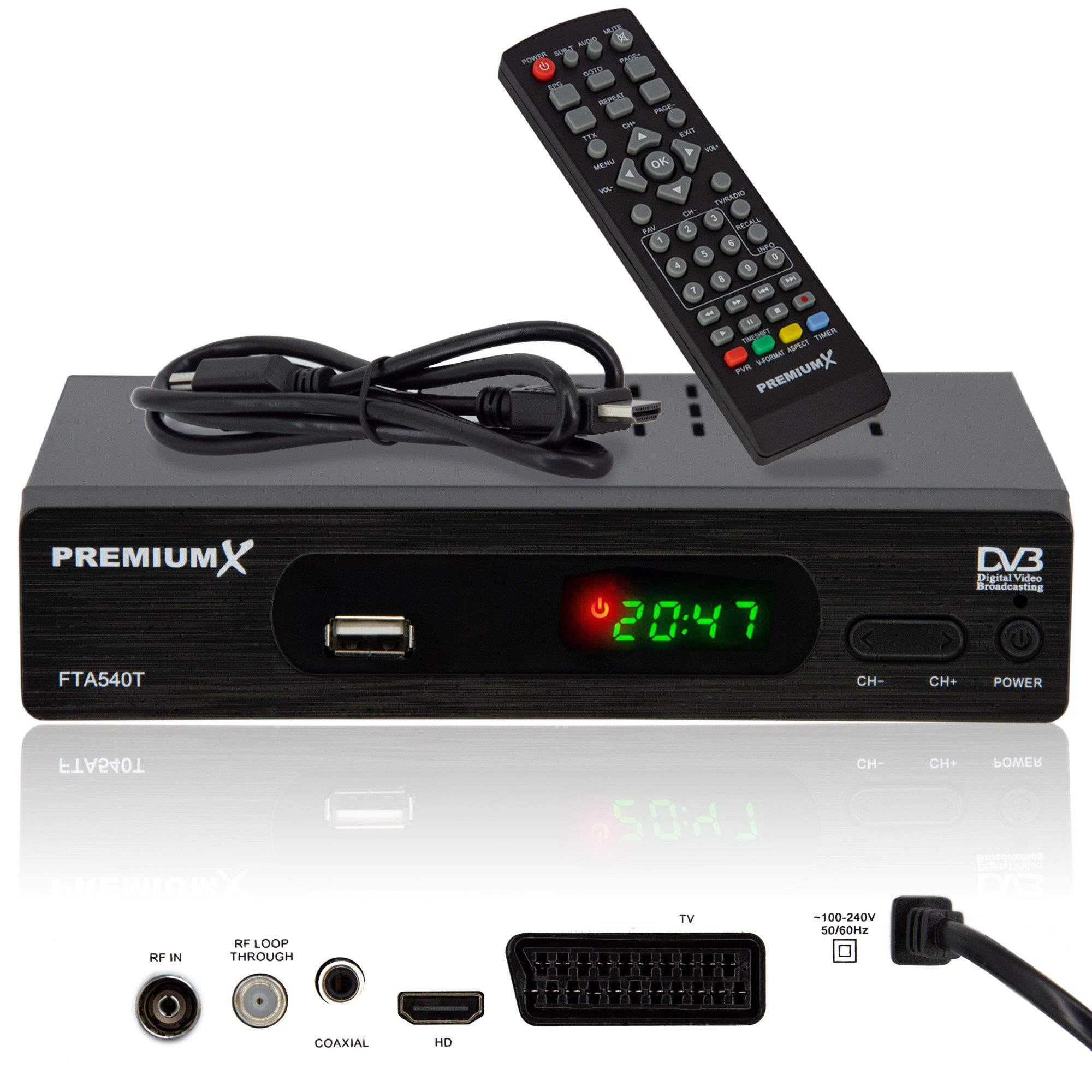 PremiumX FTA 540T FullHD Digital DVB-T2 Terrestrischer Receiver H.265 USB SCART DVB-T2 Receiver
