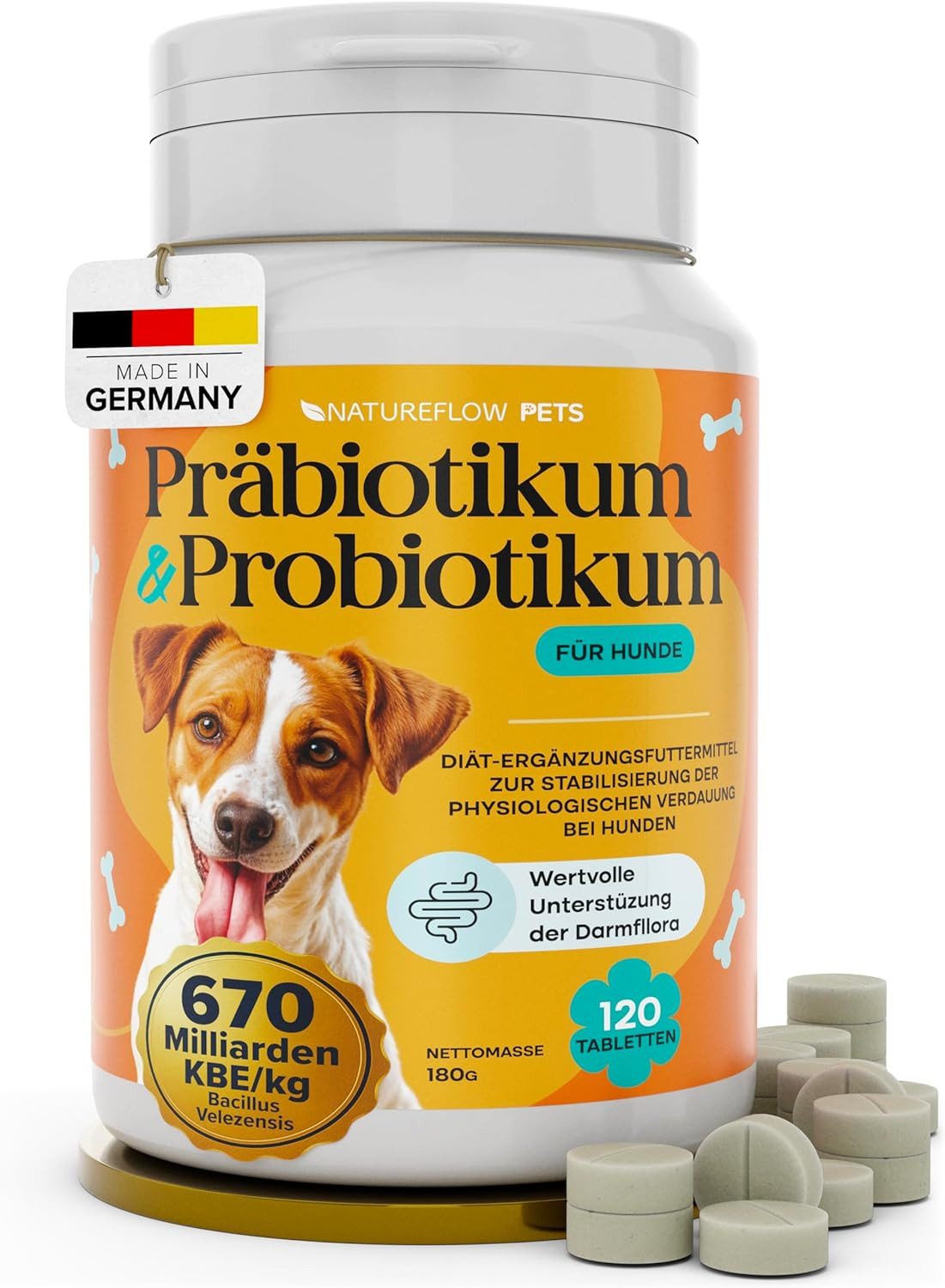 Natureflow Probiotika Hund 120 Tabletten - Darmkur bei Durchfall, Blähungen & Sod, Ergänzungsfutter für: Hund
