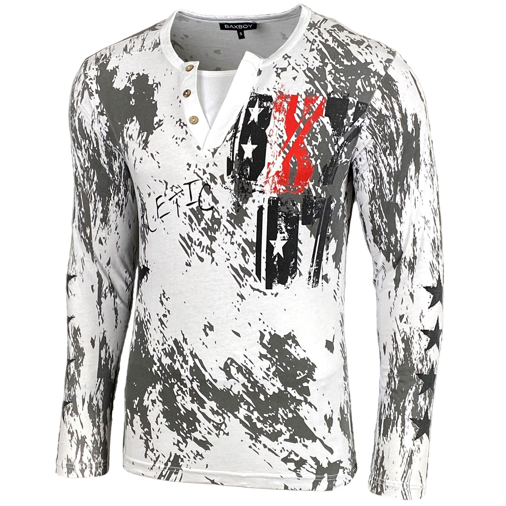 Baxboy Longshirt Langarmshirt mit trendigem All-Over Logo-Print mit Knopfle günstig online kaufen