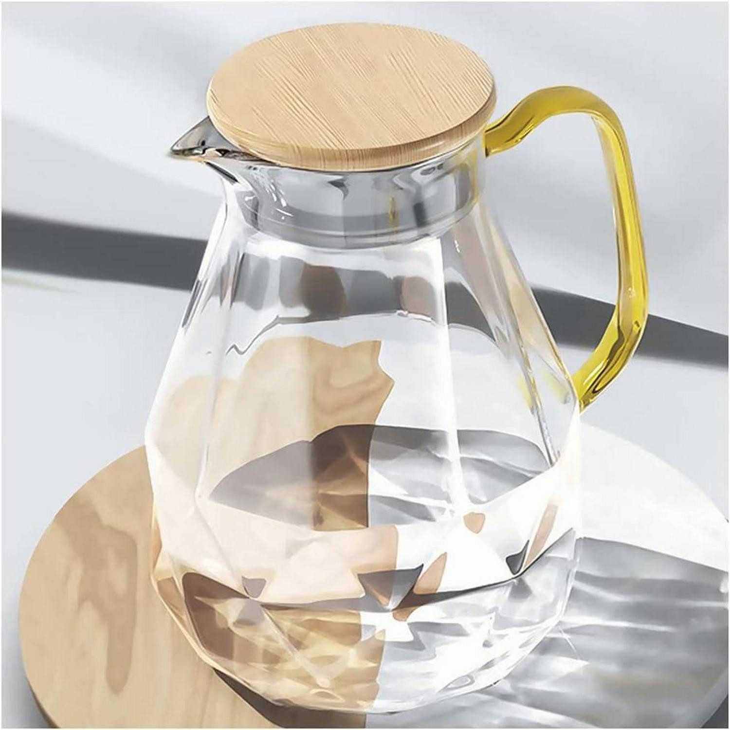 DUJUST Wasserkaraffe Glaskaraffe mit Bambus Deckel 2 Liter Modernes Diamant Design