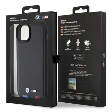 BMW Handyhülle Case iPhone 15 Plus Kunstleder schwarz BMW Metall Logo 6,7 Zoll, Kantenschutz