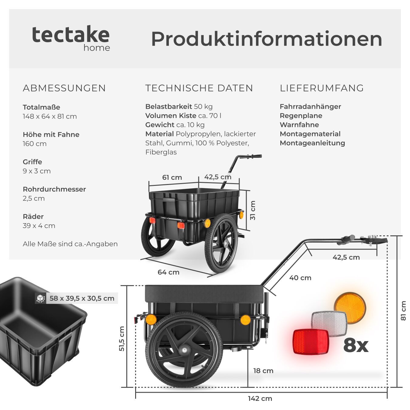 tectake bicycle cargo trailer, air-filled profile tires, load capacity 50 kg, rain cover made of 600D Oxford fabric, including reflectors and warning flag