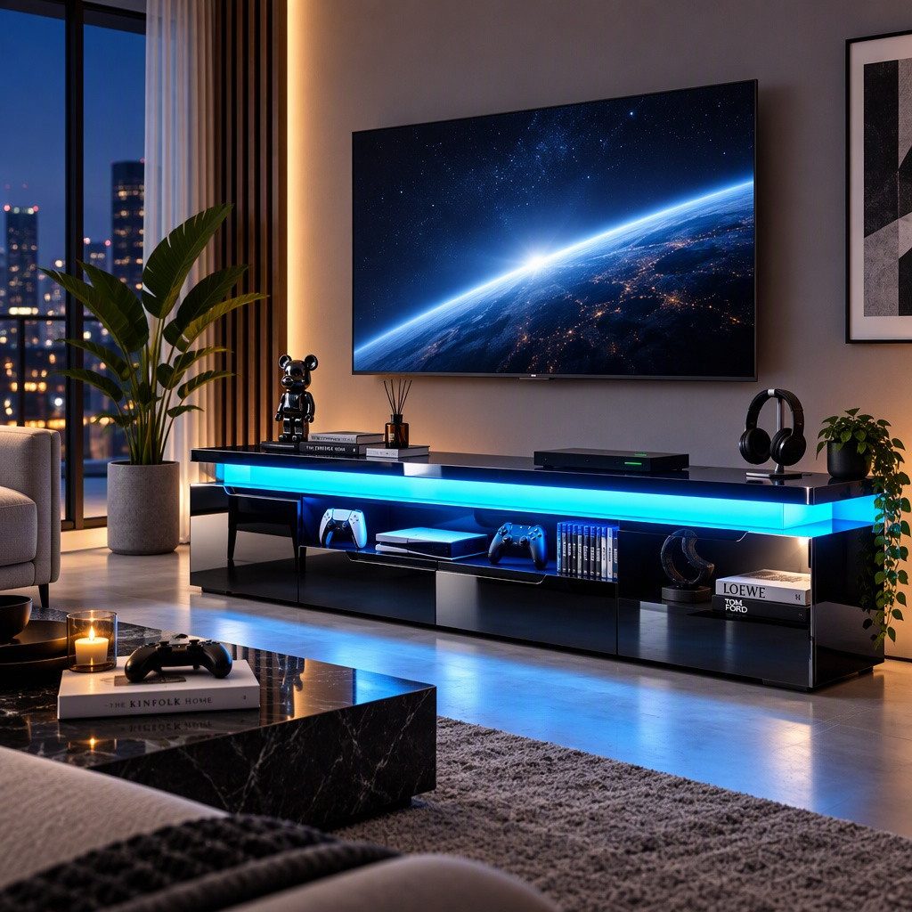 PXloue TV-Schrank in wohnzimmerd TV-Lowboard mit LED-Beleuchtung und Steckdosen Mit 2 Türen, Regalen und viel Stauraum 180 x 35 x 52 cm
