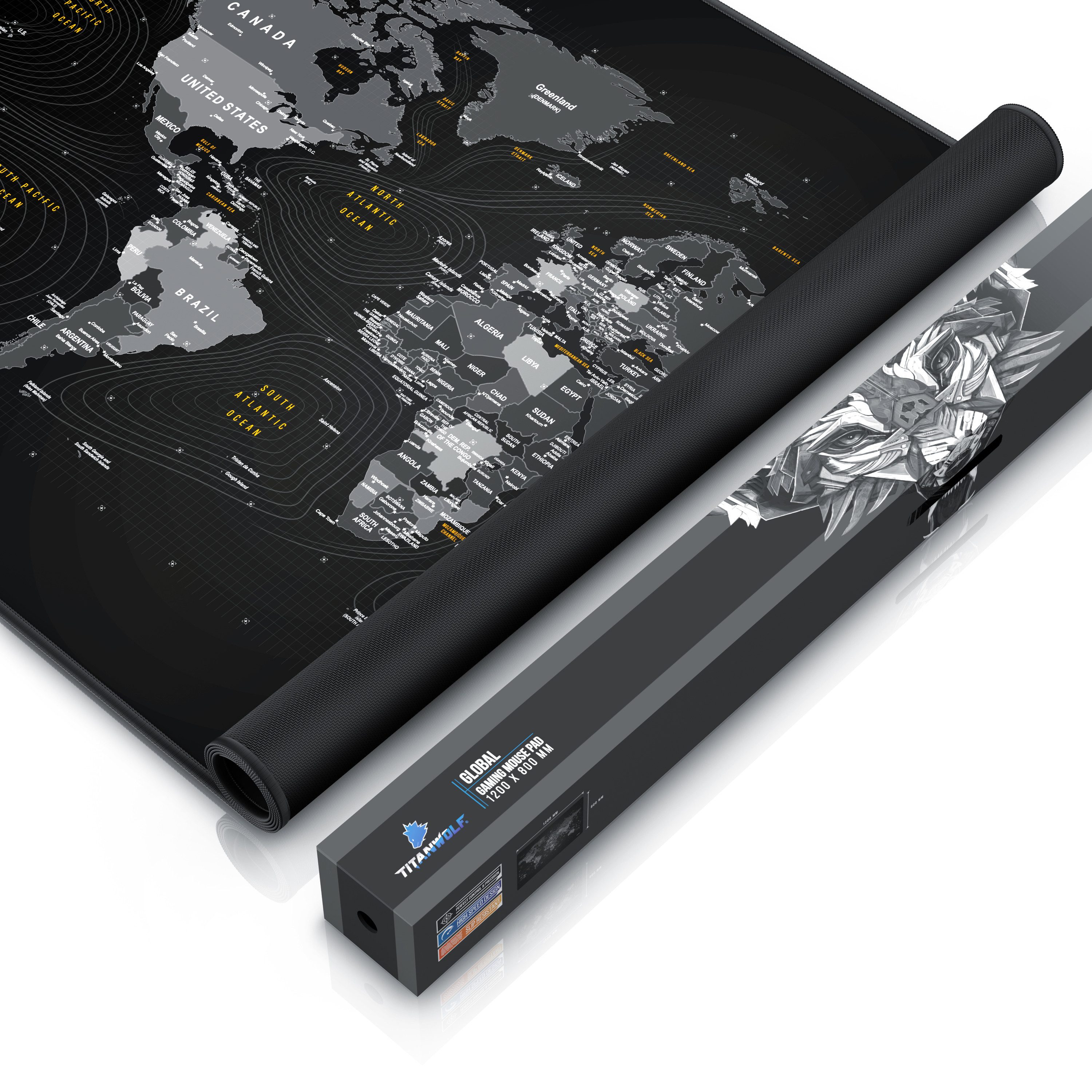 Titanwolf Gaming Mauspad XXXL Speed Mousepad 1200 x 800 x 3 mm, große Schreibtischauflage, rutschfest, abwaschbar, Geschwindigkeit, Präzision, Weltkarte Englisch