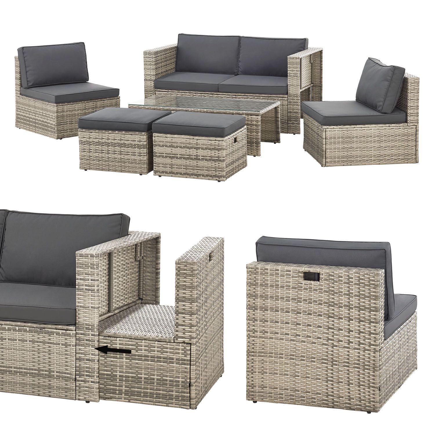 Juskys Gartenlounge-Set Salou, (6-tlg), für 6 Personen, Polyrattan, Glasplatte, wetterfest, mit Kissen