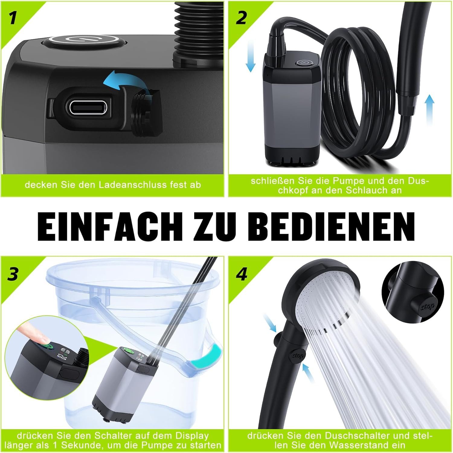 TWUFY Gartendusche Campingdusche mit Pumpe & wiederaufladbarem Akku 6000mAh (Camping Dusche Akku, Camping Dusche Tragbare Set mit Duschkopf und Schlauch, für Ga – Bild 5 von 5