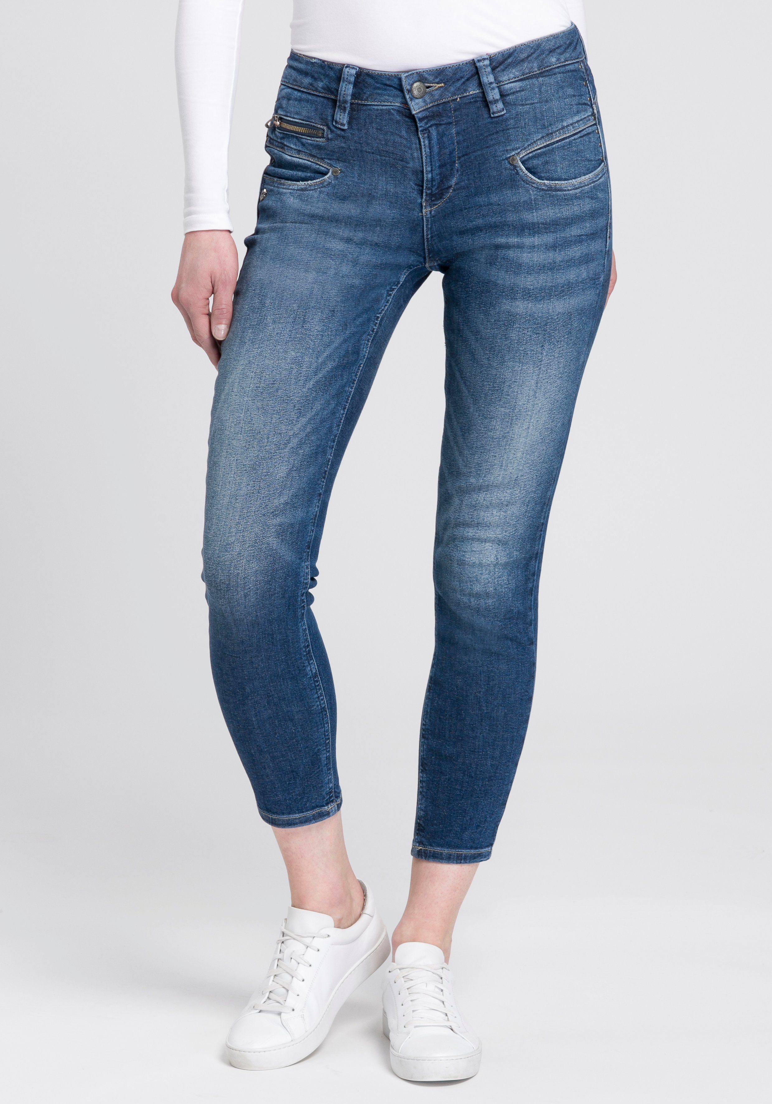 Damen Jeans Freeman T. Porter High-waist-Jeans Alexa High Waist Cropped mit Deko-Zippern und Used-Look-Details
