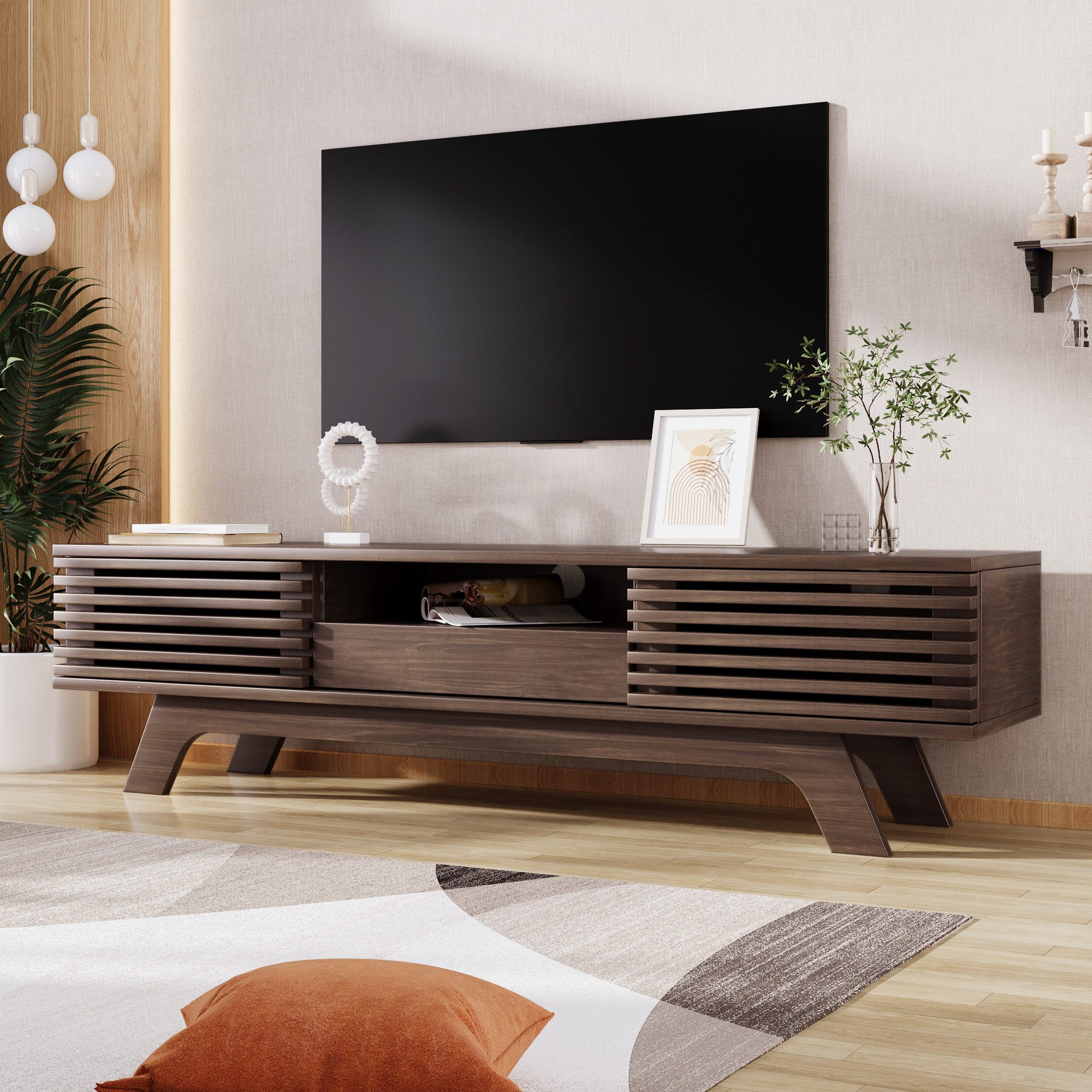 BlingBin TV-Schrank Lowboard mit Schubladen und Türen, Fernsehschrank für Wohnzimmer (TV-Schrank mit 1 Schublade und 2 Türen, 1-St., Gesamtabmessungen: 150*35*44cm, Produktladung: 50KG) Einzigartiges Design, Kabelmanagement, Spanplatte, Vintage-Holzfarbe