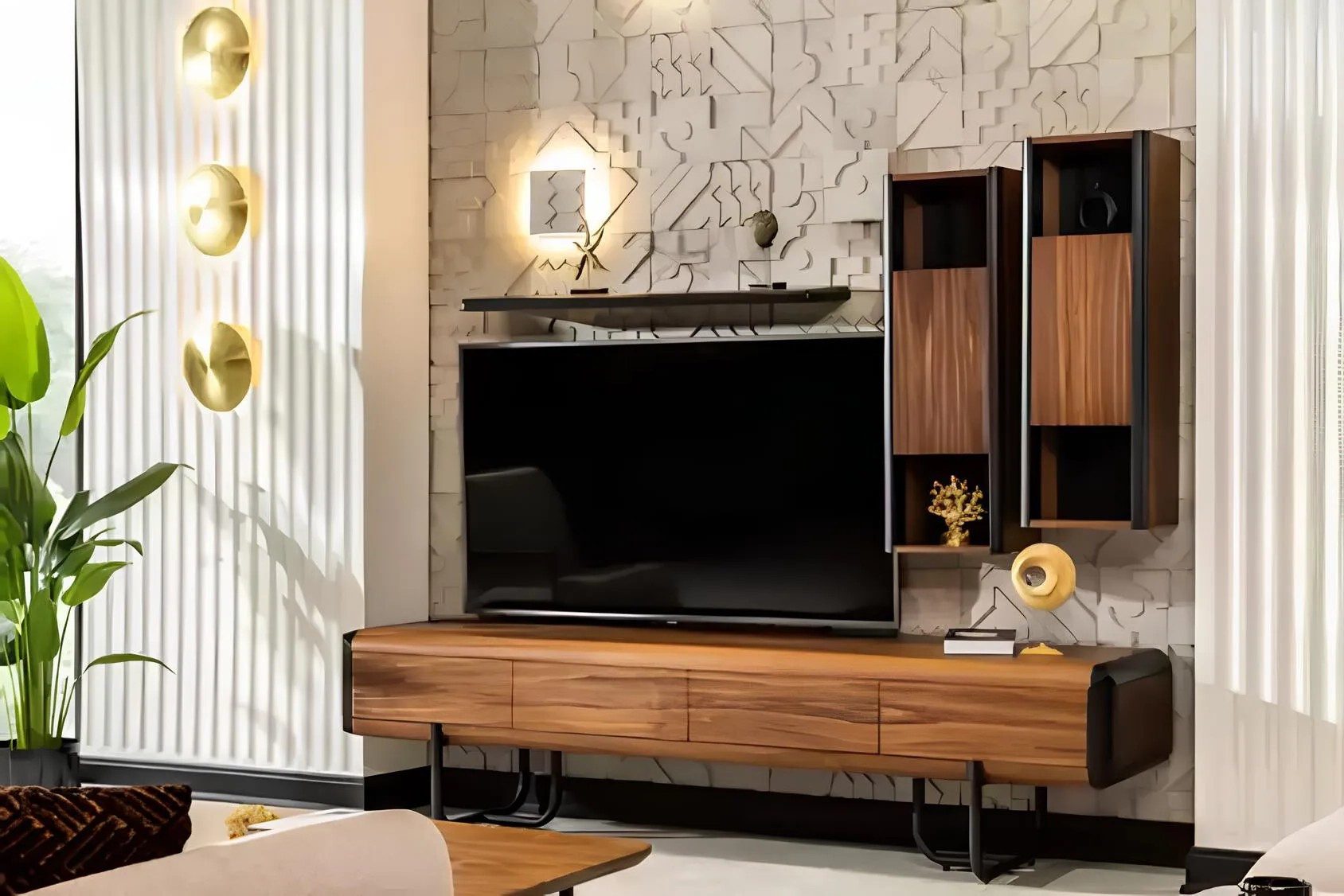 Wohnzimmer-Set Wohnwand Set mit Lowboard, Wandregal und TV Tisch 4-teilig