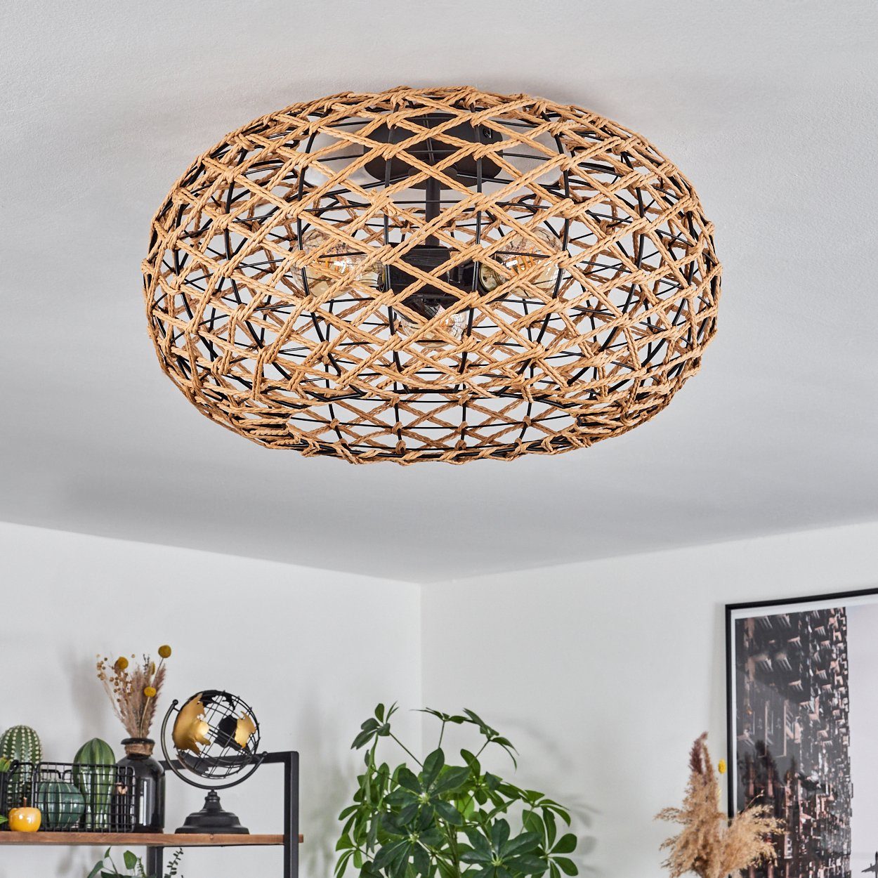 hofstein Deckenleuchte moderne Deckenlampe aus Holz/Rattan/Metall in Natur/Schwarz, ohne Leuchtmittel, Deckenleuchte mit Lichteffekt an der Decke, Ø3x E27, ohne Leuchtmittel