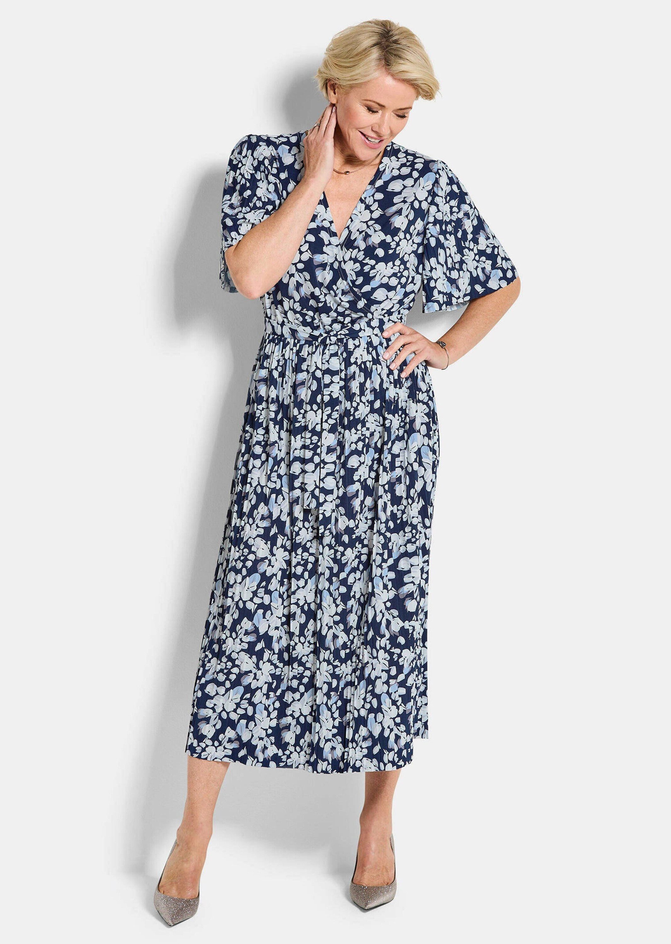 GOLDNER Sommerkleid Wickelkleid mit floralem Design Jerseykleid mit V-Ausschnitt, Bindeband, Wadenlänge und Halbarm