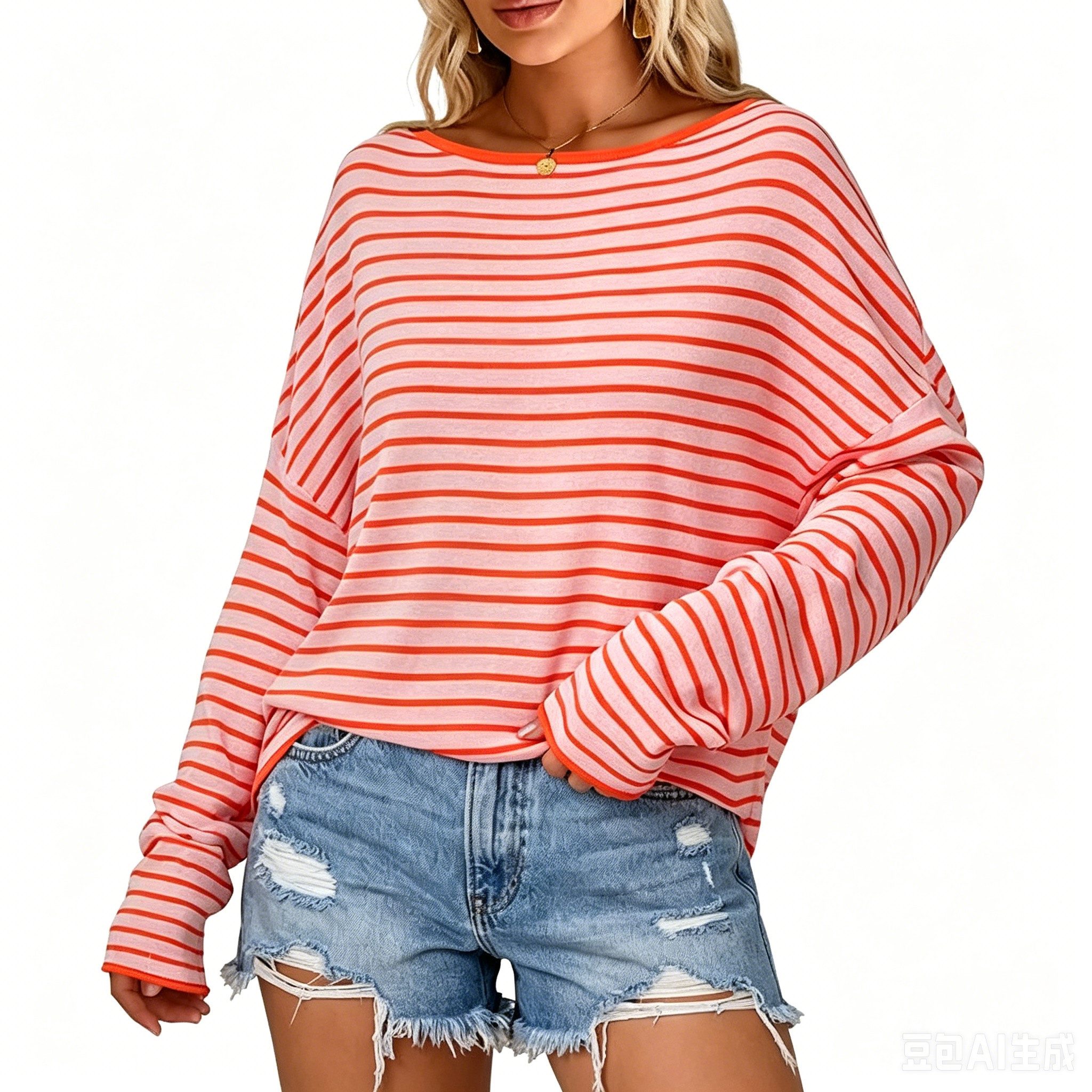 Arach&Cloz Langarmshirt Damen Oversize Shirt, Gestreiftes Off-Shoulder Top für Sommer und Urlaub