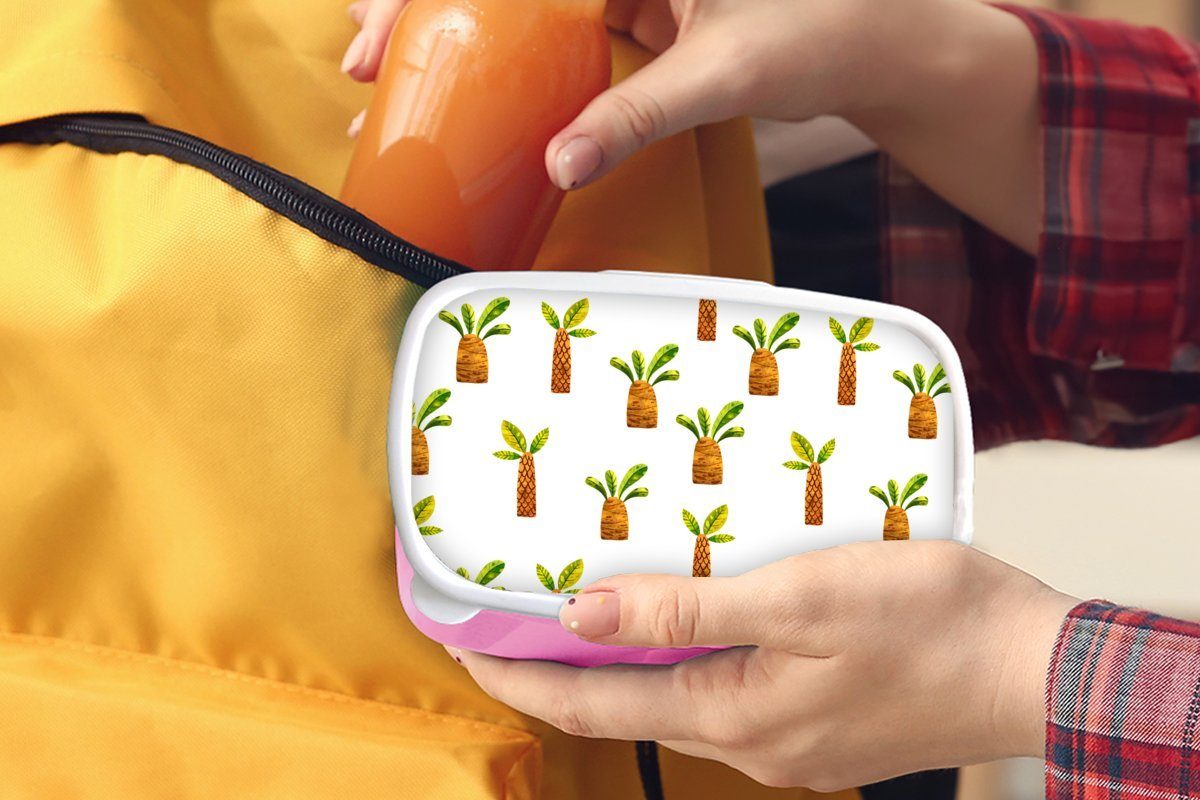 Snackbox, Kunststoff Brotbox MuchoWow für Brotdose Erwachsene, Mädchen, - Palmen rosa Lunchbox Dschungel - Kinder, Kunststoff, (2-tlg), Weiß,