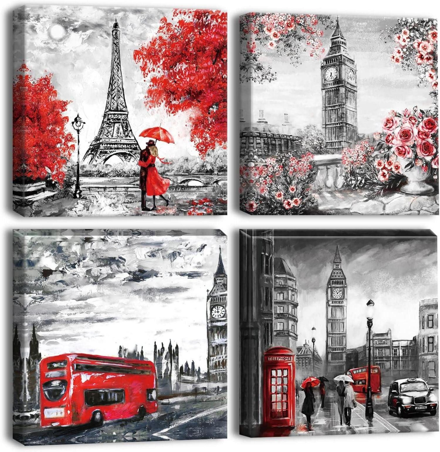 Mehrteilige Bilder Leinwandbilder 4-teilig mit Paar, Big Ben und Eiffelturm Motiv