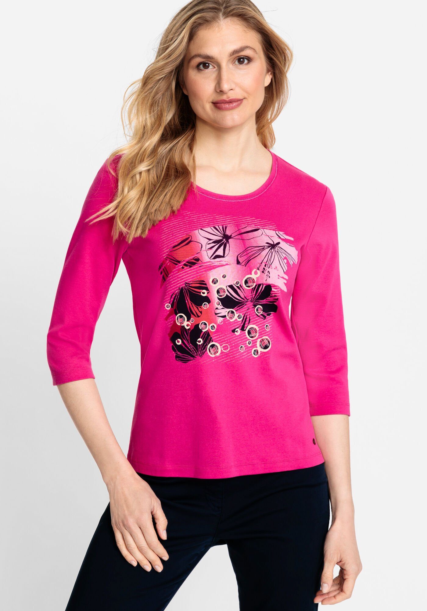 Olsen Rundhalsshirt mit phantasievollen Pink Vivid Placement-Print