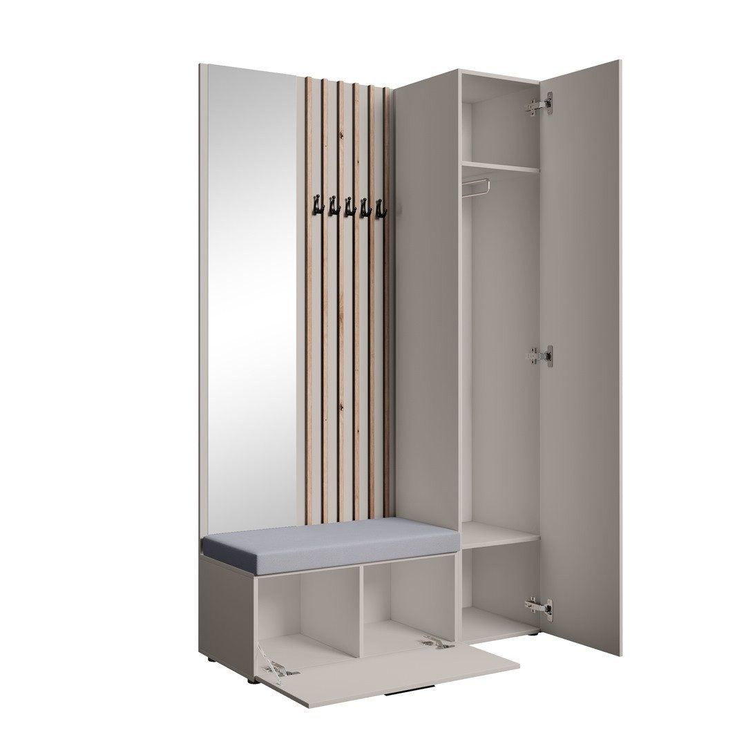 Beautysofa Garderoben-Set MARGARET Flurgarderobe mit Spiegel, (Kleiderschrank, Schuhschrank, Sitzbank, Kleiderstange, Flurmöbel-Set mit Lamellen), verschiedene  – Bild 3 von 5