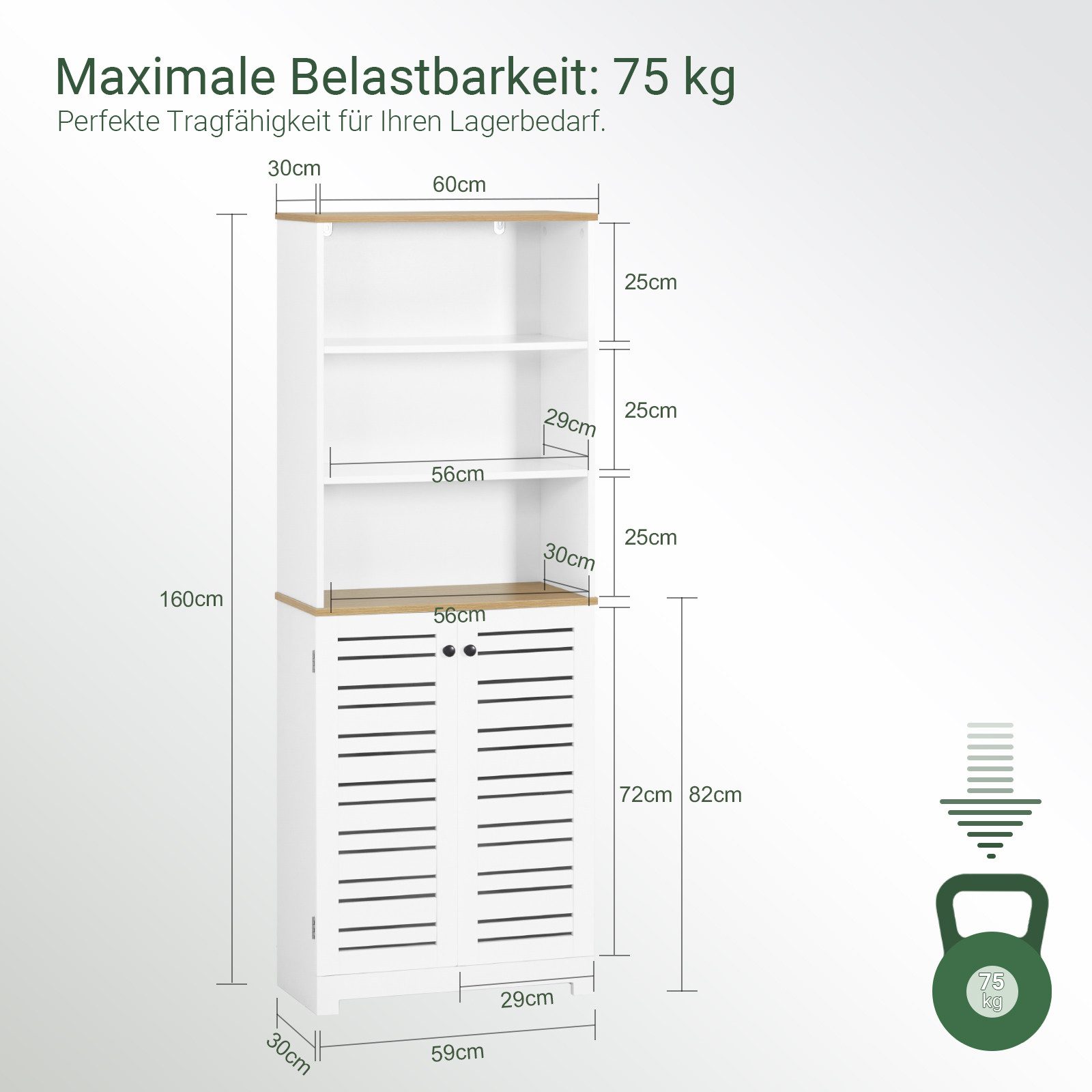 SoBuy Hochschrank BZR44, Badezimmerschrank schmal, Badkommode mit verstellbaren Ablagen Badschrank Aufbewahrungsschrank mit 3 Fächern und 2 Lamellentür – Bild 4 von 5