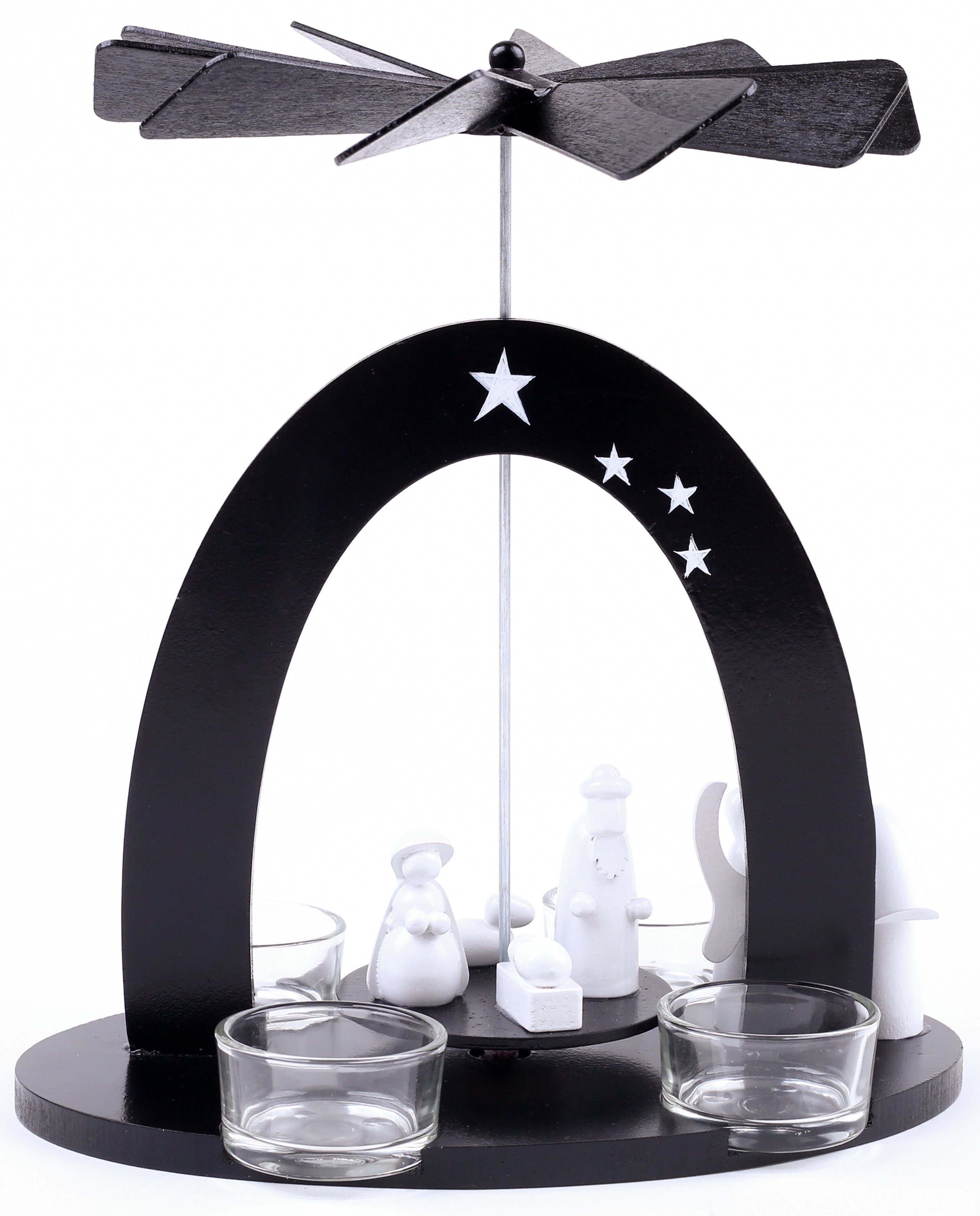 BRUBAKER Weihnachtspyramide Teelicht Maria, Teelichtpyramide Glas, aus und Weihnachtsdeko Schwarz-weiße Jesus, Josef mit Teelichthaltern 4 Holzpyramide