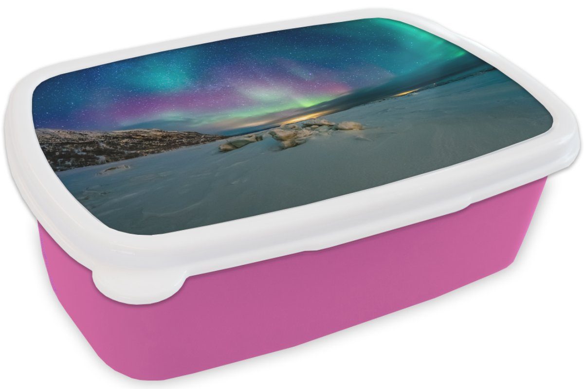 Schnee Kunststoff, MuchoWow Brotdose - Lunchbox Snackbox, Kinder, (2-tlg), Kunststoff für Erwachsene, Farben, - Nordlichter rosa Brotbox Mädchen,