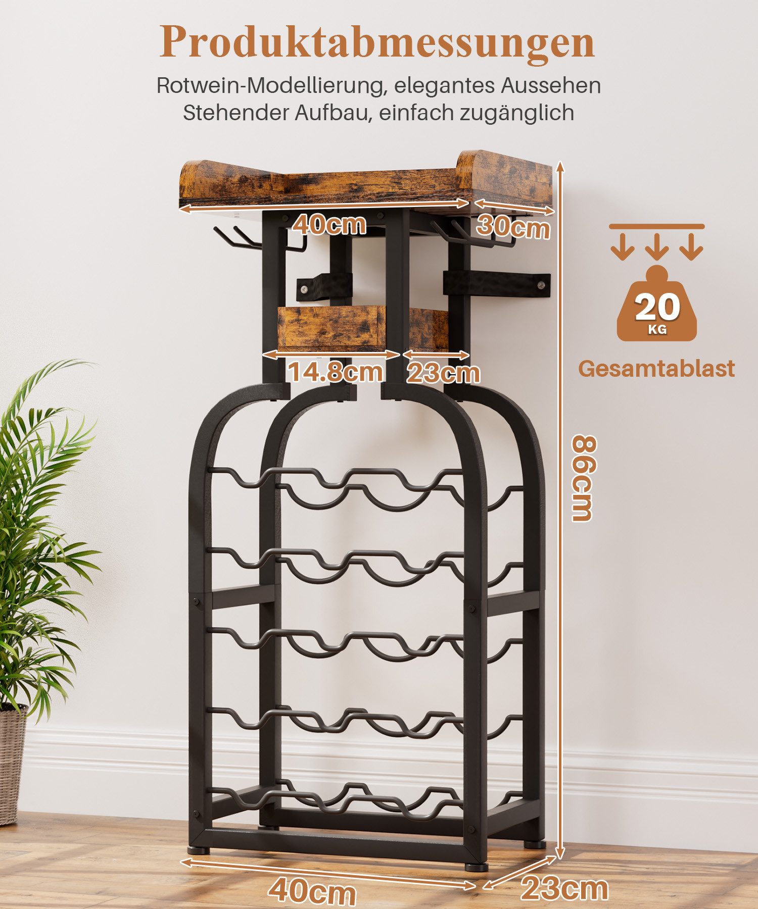 Yorbay Weinregal Vintage Design,Weinständer aus Holz für 15 Flaschen & 6 Gläser, Elegantes Weinregal für Küche, Wohnzimmer oder als Geschenk