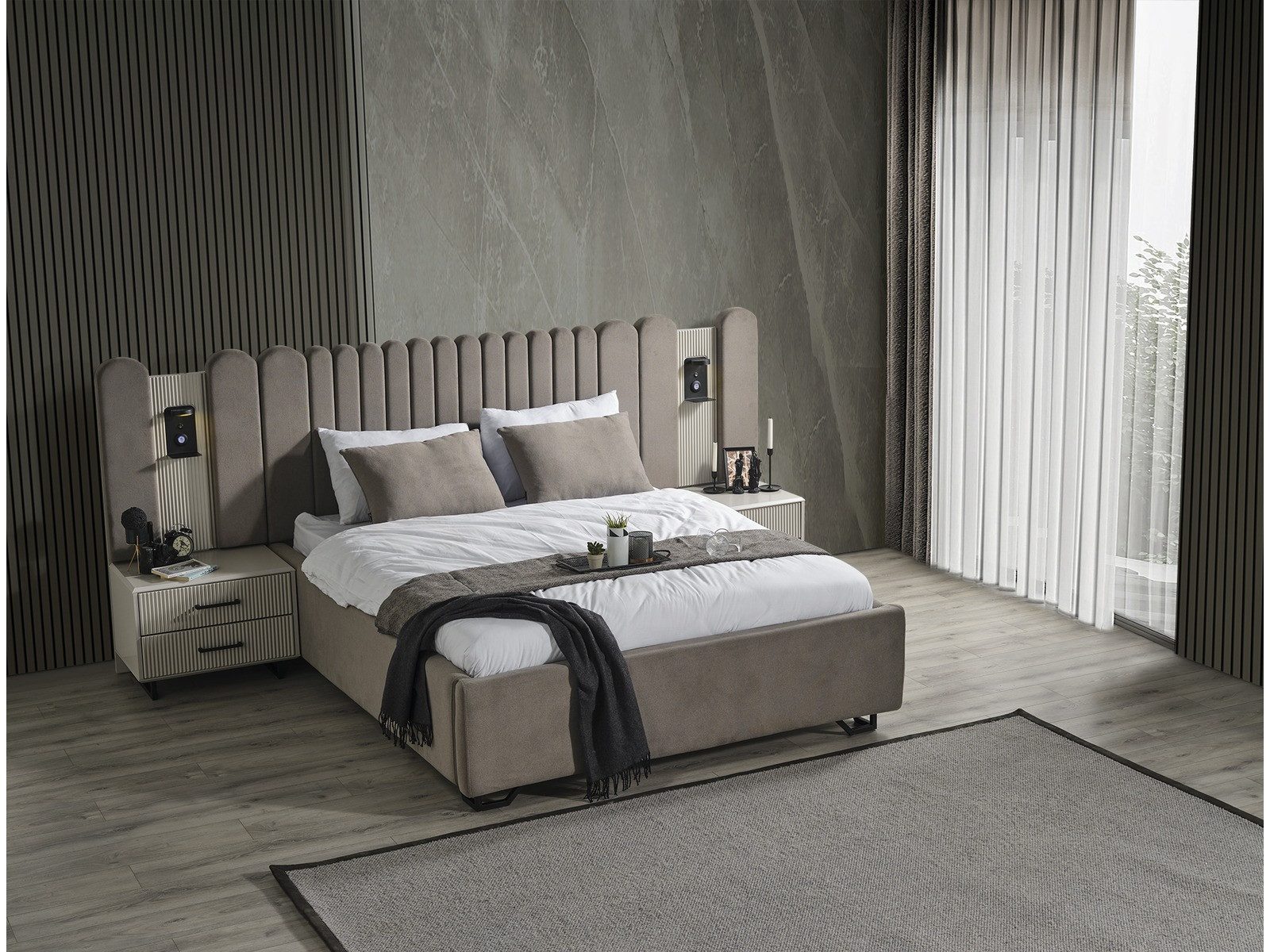 Villa Furniture Black Line Box Spring Bed, Upholstered Headboard, Calm Look, Sturdy Metal Feet