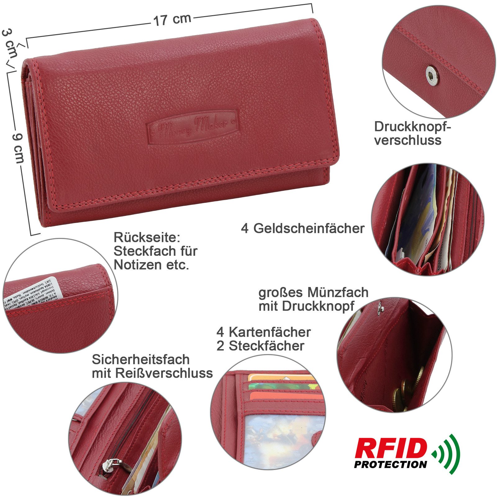 Money Maker Geldbörse aus Leder - Damen Portmonee mit RFID-Schutz - viele Fächer, groß