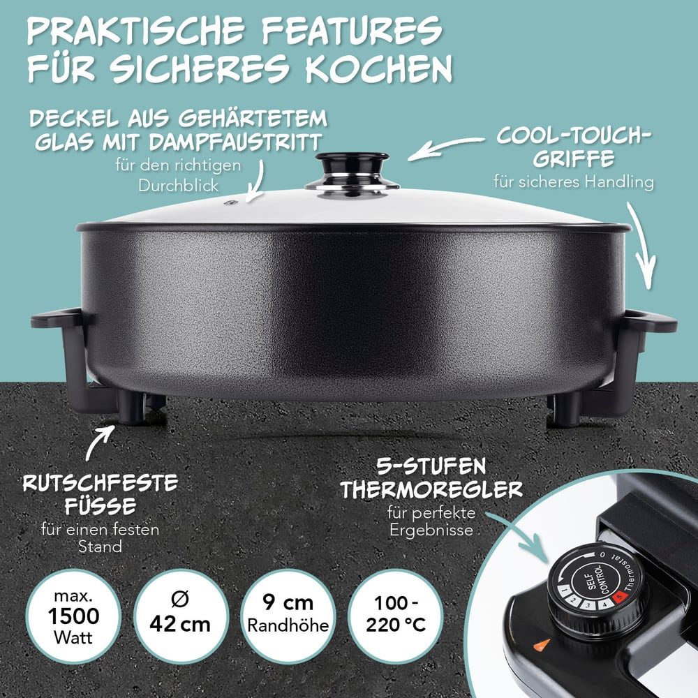 GOURMETmaxx Elektrische Pfanne 1500W metallic schwarz 42cm mit Deckel & Trenner, 1500 W, Pasta Pizza ohne Herd zubereiten Antihaftbeschichtung mit Cool-Touch