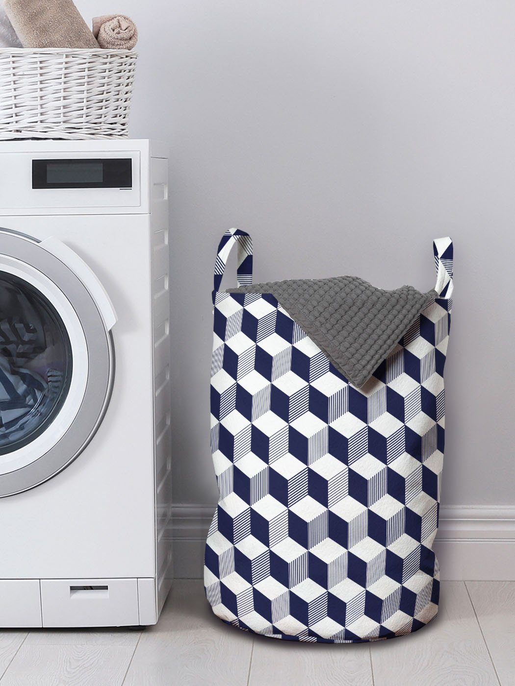 Cube für Abstrakt Wäschekorb Abakuhaus Stripes Waschsalons, Kordelzugverschluss mit blau Griffen Navy Wäschesäckchen