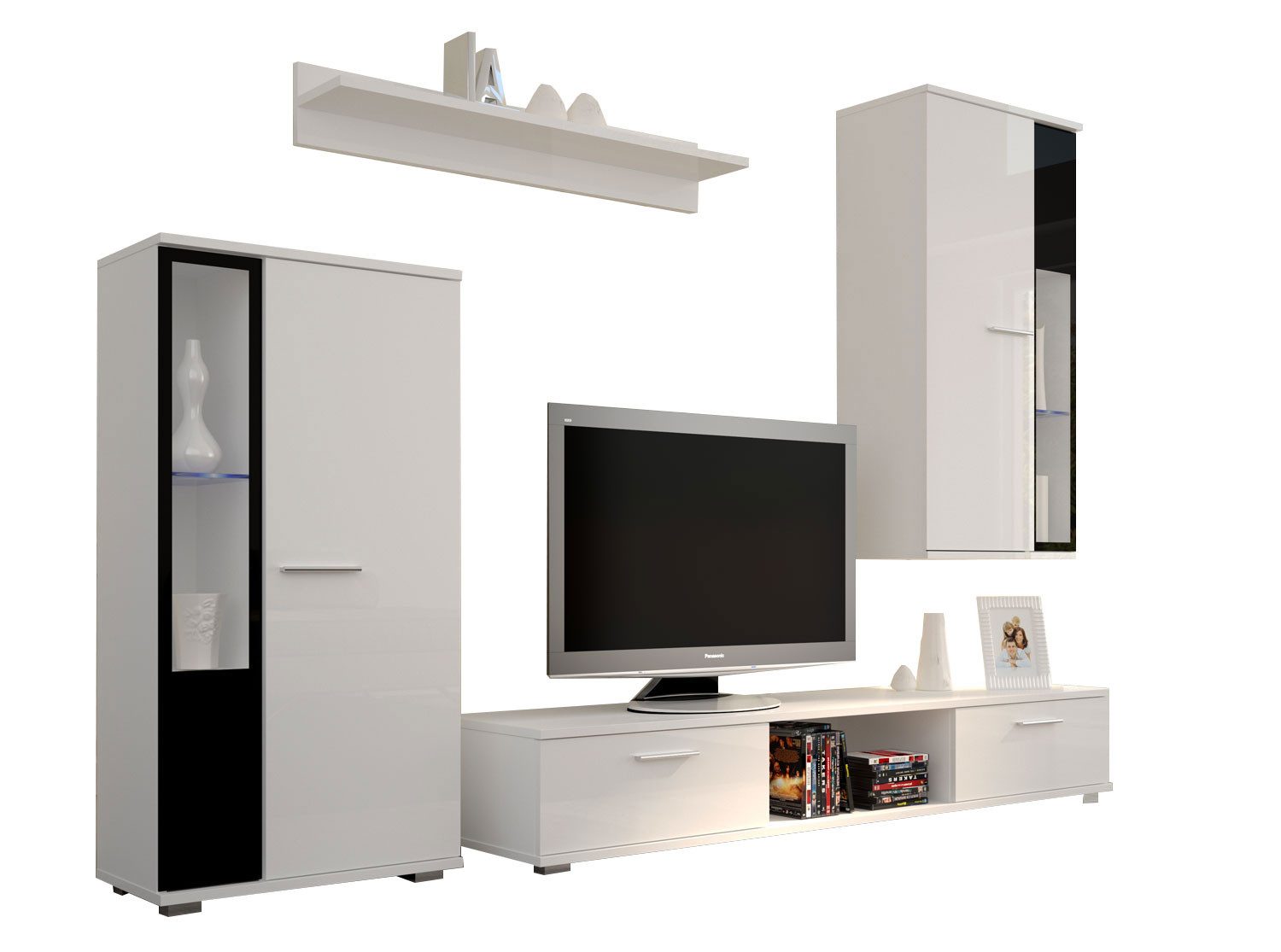 Feldmann-Wohnen Wohnwand Leon, (mit Türen, offene Fächer, mit Beleuchtung, moderne Optik, 4-teilig), 235cm weiß schwarz Hochglanz 4-teilig