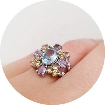 Goldene Hufeisen Silberring Amethyst Citrin Blautopas Fingerring aus 925 Silber Edelsteine, Einzelstück, Handarbeit