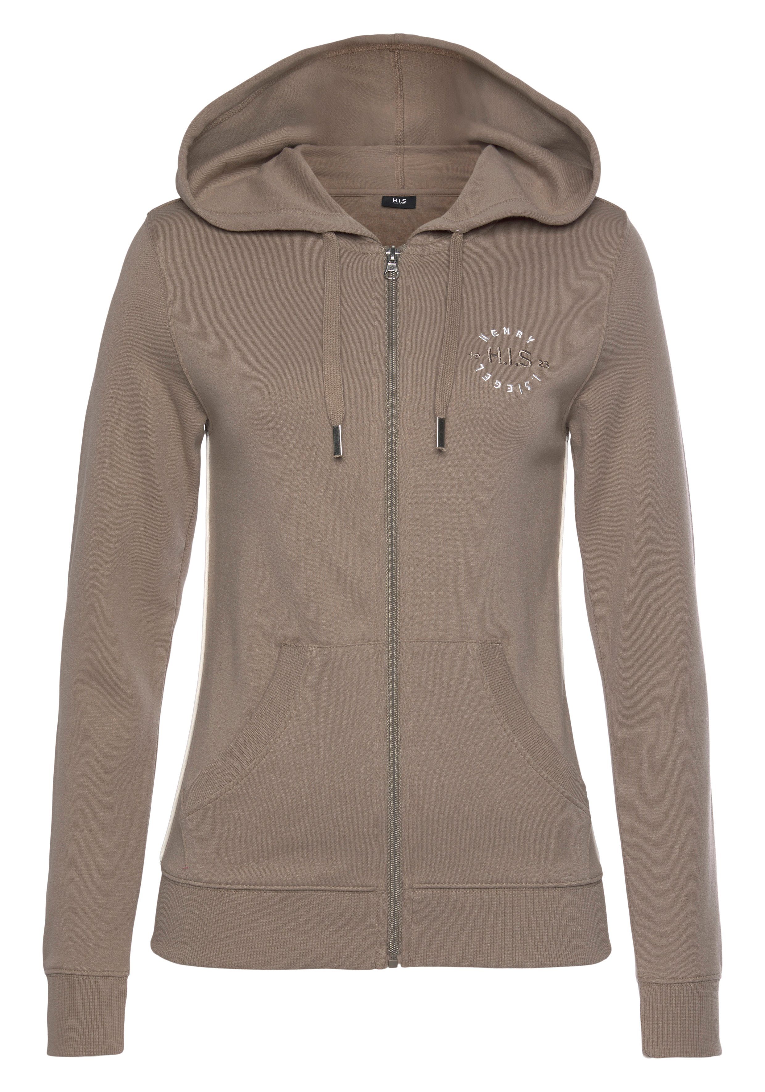 seitlichem Kapuzensweatjacke camelfarben H.I.S mit Loungeanzug Piping und kleiner Markenstickerei,