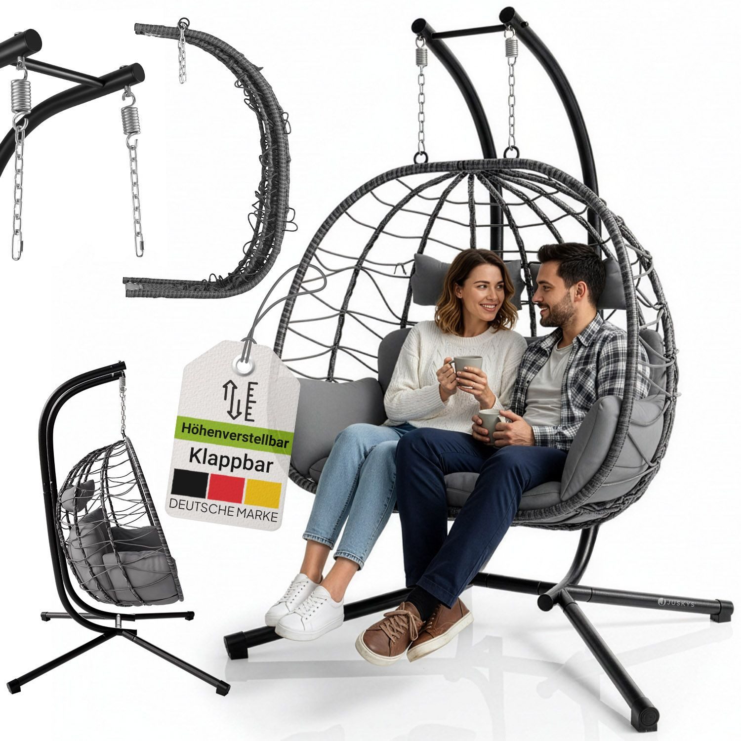 Juskys Hängesessel Aria, Polyrattan Doppelhängesessel, Schaukel mit Gestell & Kissen