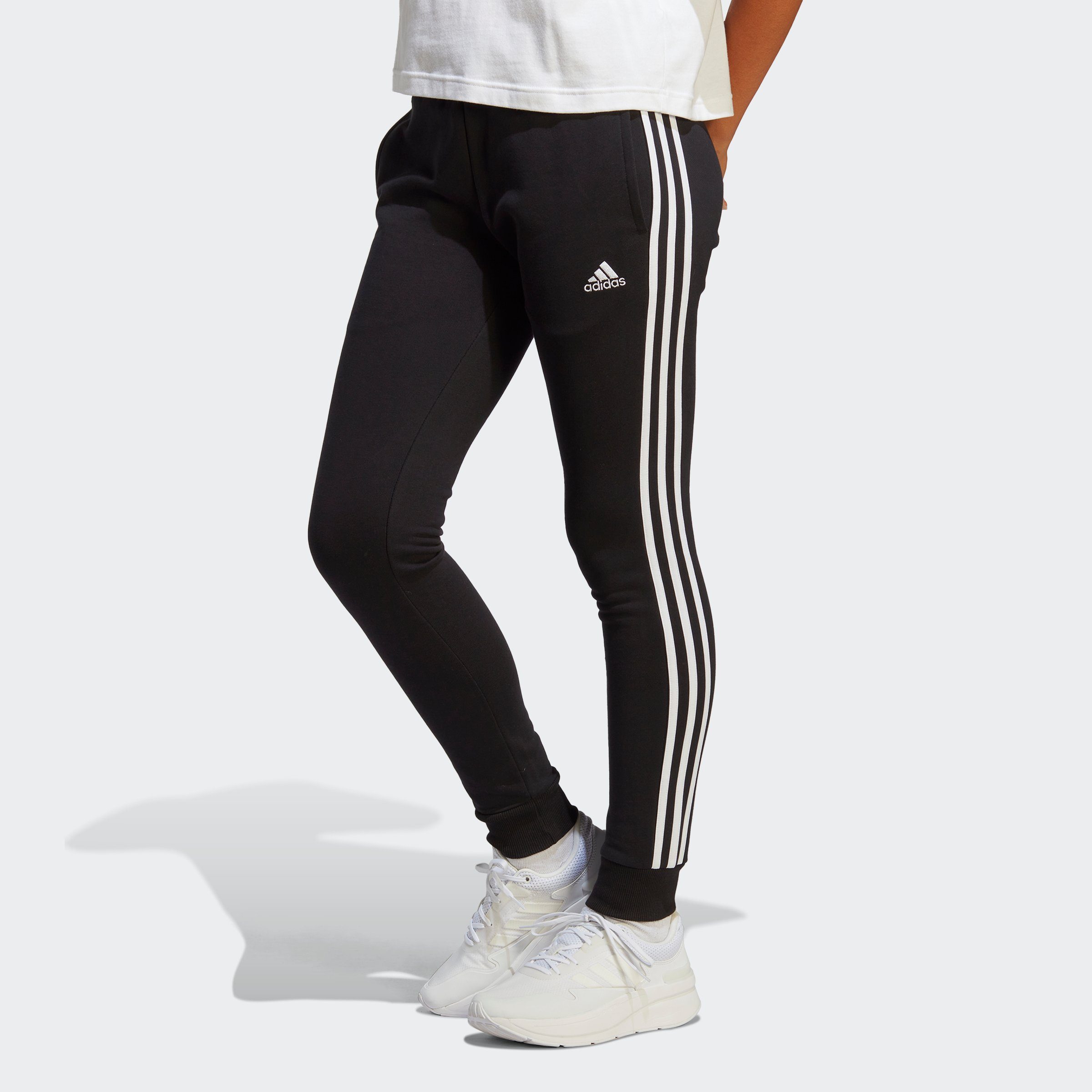 HOSE (1-tlg) adidas Black TERRY ESSENTIALS Sportswear Jogginghose White 3STREIFEN CUFFED / FRENCH