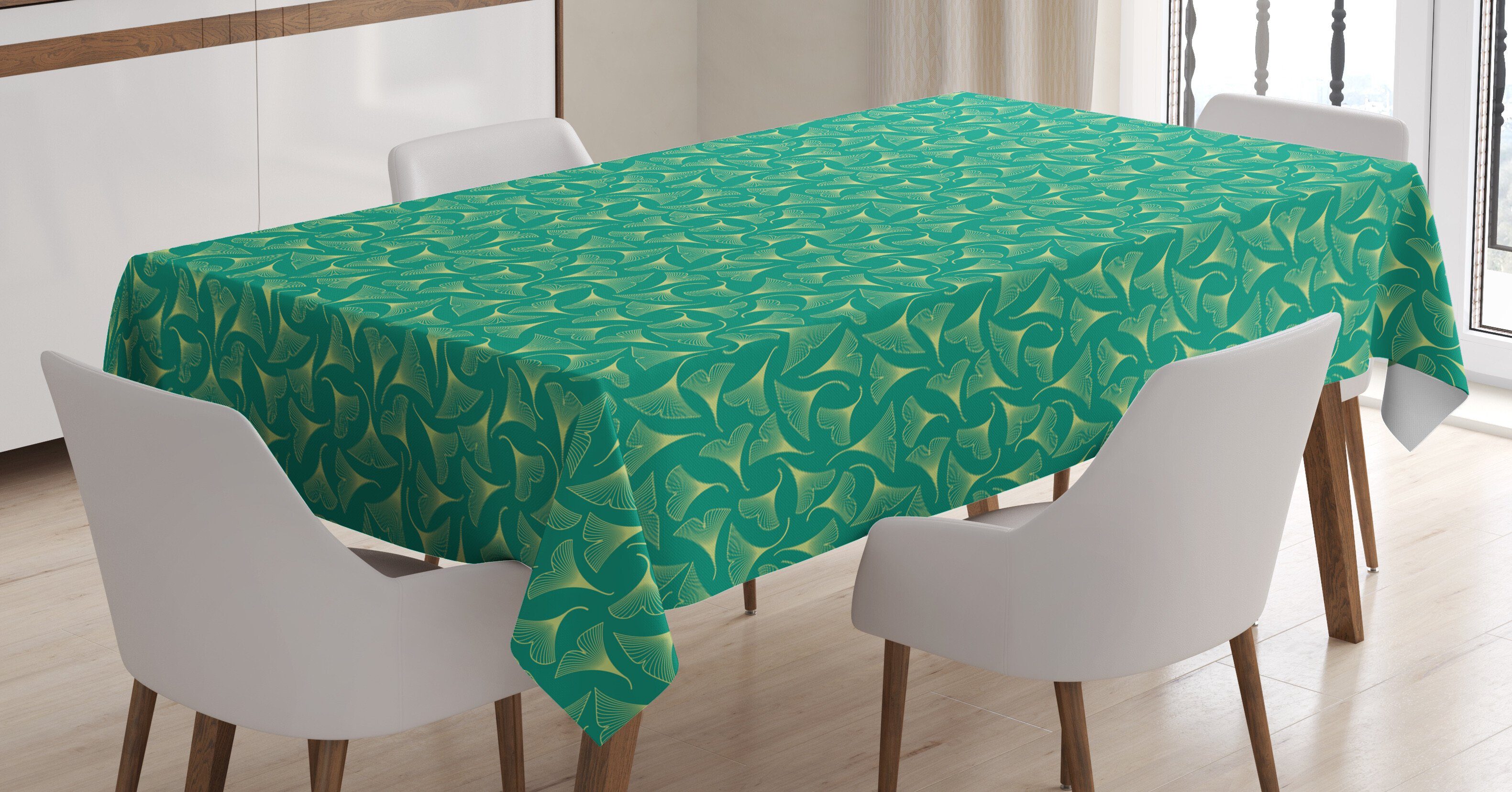 Farbfest geeignet Shade Abakuhaus Tischdecke Für Waschbar Bereich Teal Farben, Blätter Außen Biloba den Gingko auf Klare
