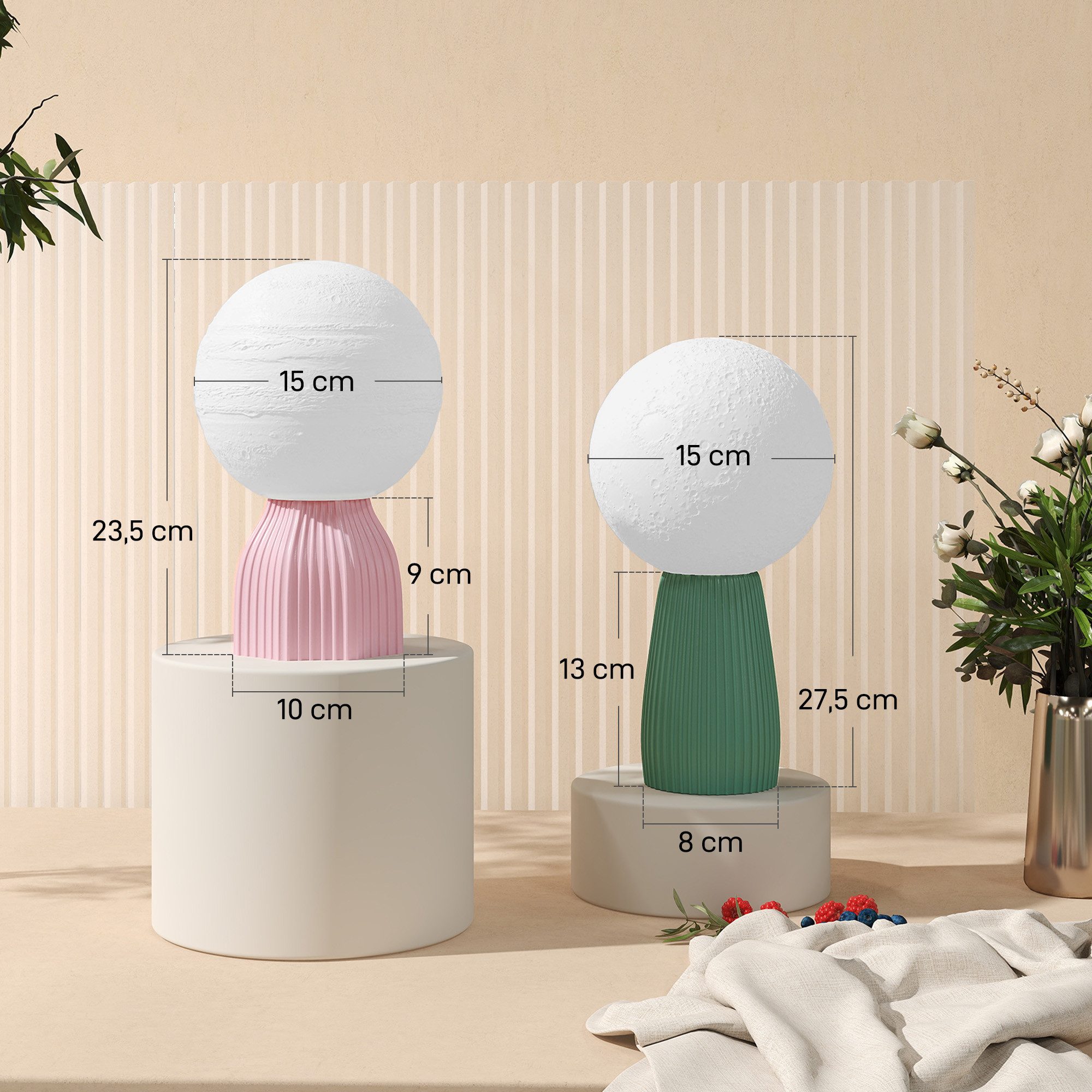 HOMCOM Tischleuchte 2er Set LED Mond Tischleuchte, mit 3 Lichtfarben, 10 einstellbaren Helligkeitsstufen, LED, Warmgelb, Warmweiß, Kühlweiß, für Wohnzimmer, Spielzimmer, Weiß