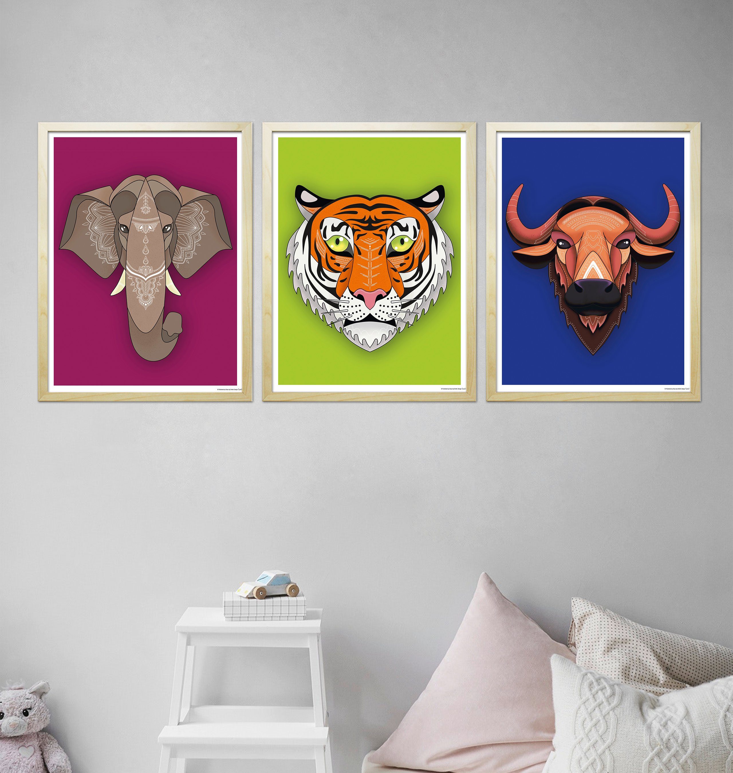 Close Up Kunstdruck Asiatische Tiere Kunstdruck 3er-Set gerahmt kieferfarben