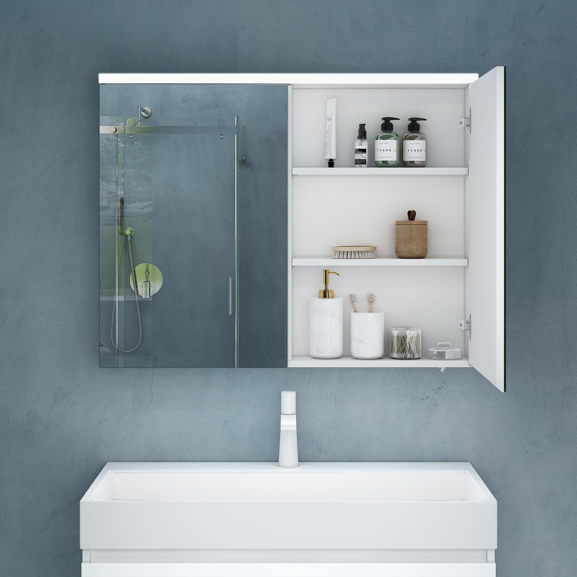 doporro Badezimmerspiegelschrank Spiegelschrank weiß Spiegelschrank03 matt Regalbrett LED-Spiegel verstellbarem