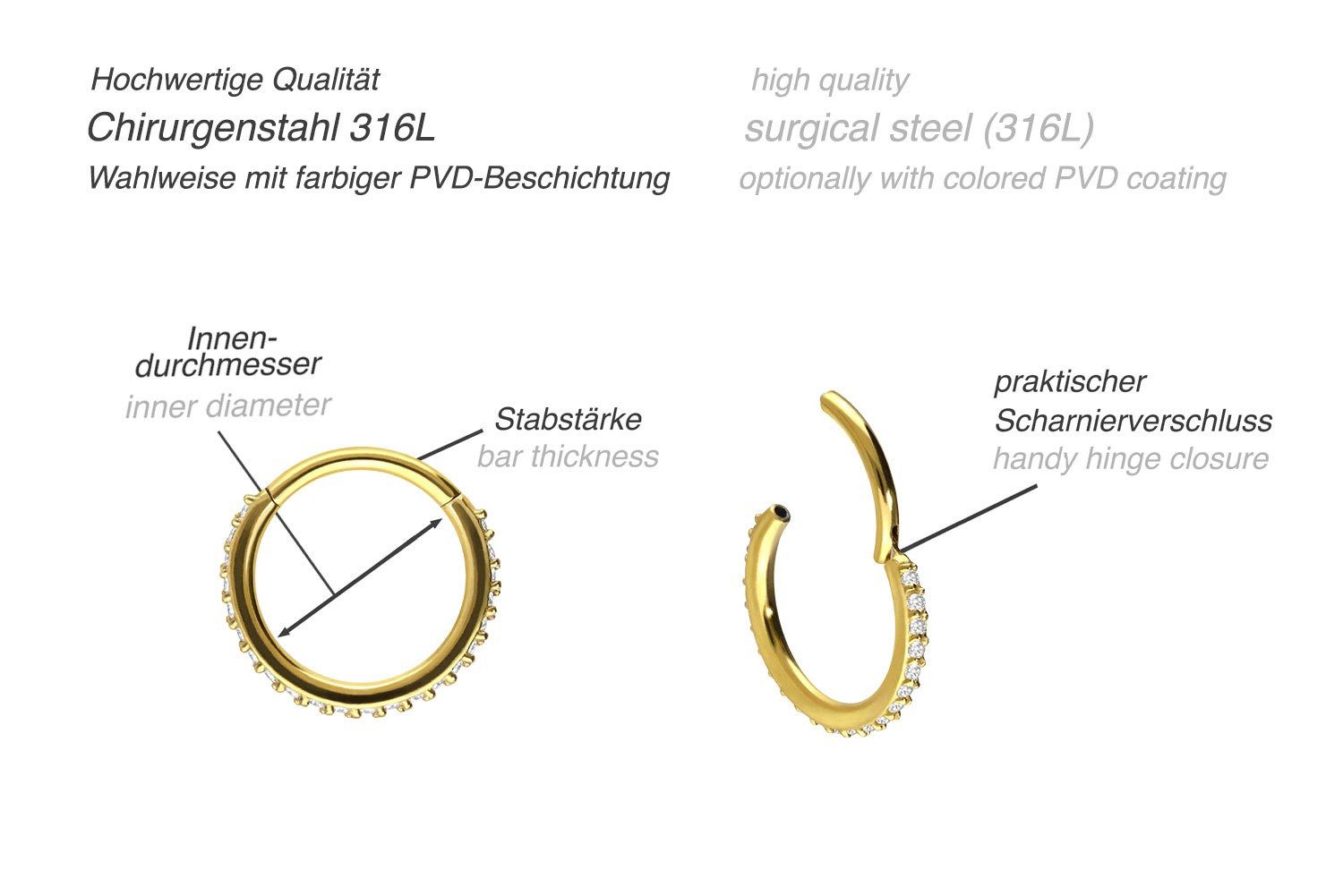 PIERCINGLINE Nasenpiercing Chirurgenstahl Segmentring Clicker EINGEFASSTE KRISTALLE Ohrpiercing (Clicker, 1-tlg), Ohrpiercing für Conch, Helix, Tragus, Daith, Lobe