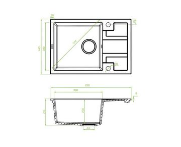 KOLMAN Küchenspüle Elza Set Doppelbecken Granitspüle und Spültischarmatur, Rechteckig, 44/65 cm, Grau, Space Saving Siphon GRATIS