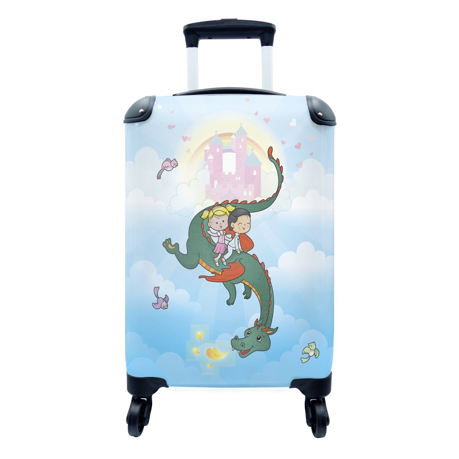 MuchoWow Handgepäckkoffer Kinderillustration auf dem Rücken eines fliegenden Drachens, 4 Rollen, Reisetasche mit rollen, Handgepäck für Ferien, Trolley, Reisekoffer
