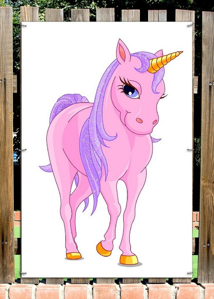 Thumbnail - Wallario Sichtschutzzaunmatten Einhorn in rosa mit Schweif in lila II