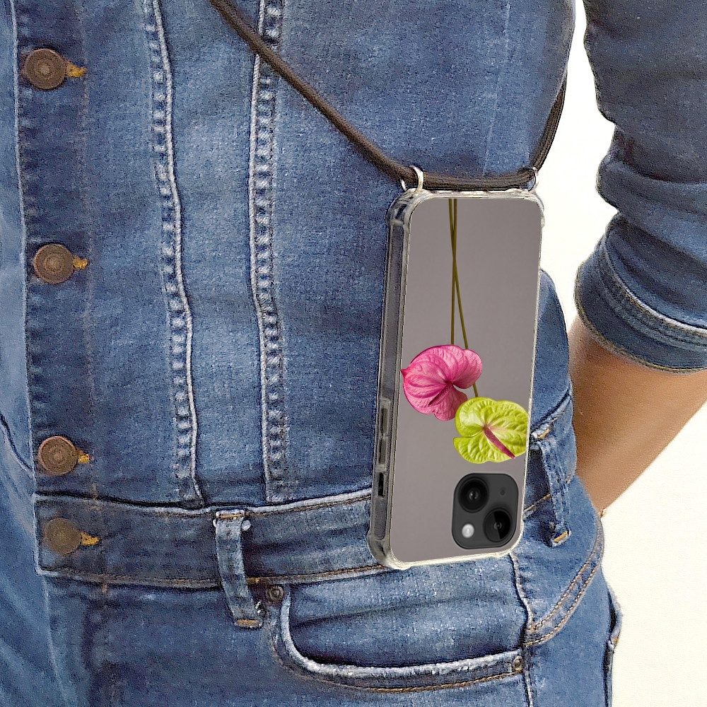 MuchoWow Handyhülle für Apple iPhone 14 Pflanzen - Anthurium - Grün - Rosa, Tragbare Handyhüllen mit Kette zum umhängen, Handykette Handyband