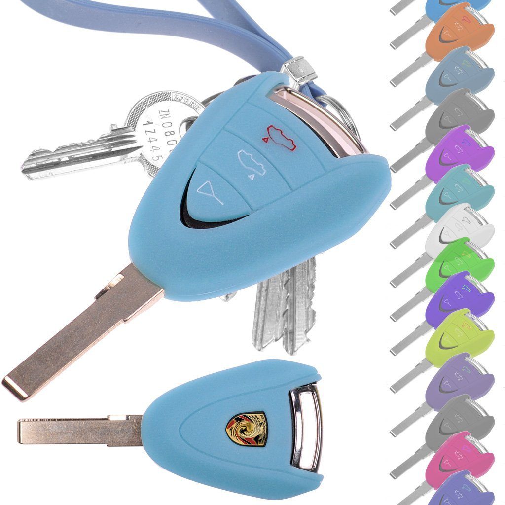mt-key Schlüsseltasche Autoschlüssel Softcase Silikon Schutzhülle fluoreszierend Blau, für Porsche 911 997 987 Boxster Cayman 3 Tasten Funk Fernbedienung