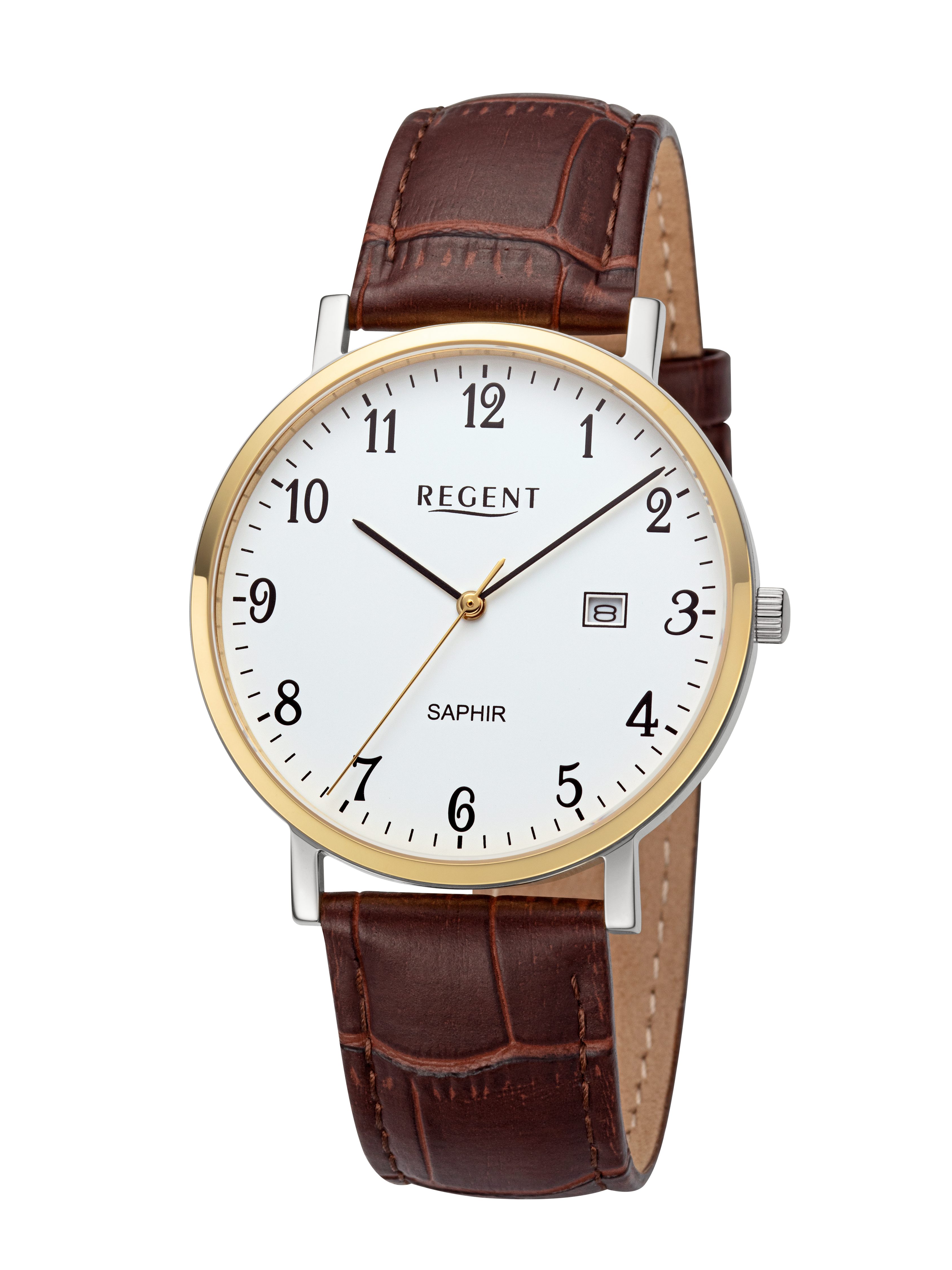 Regent Quarzuhr F1424, Armbanduhr, Herrenuhr, Lederarmband, analog, Tag