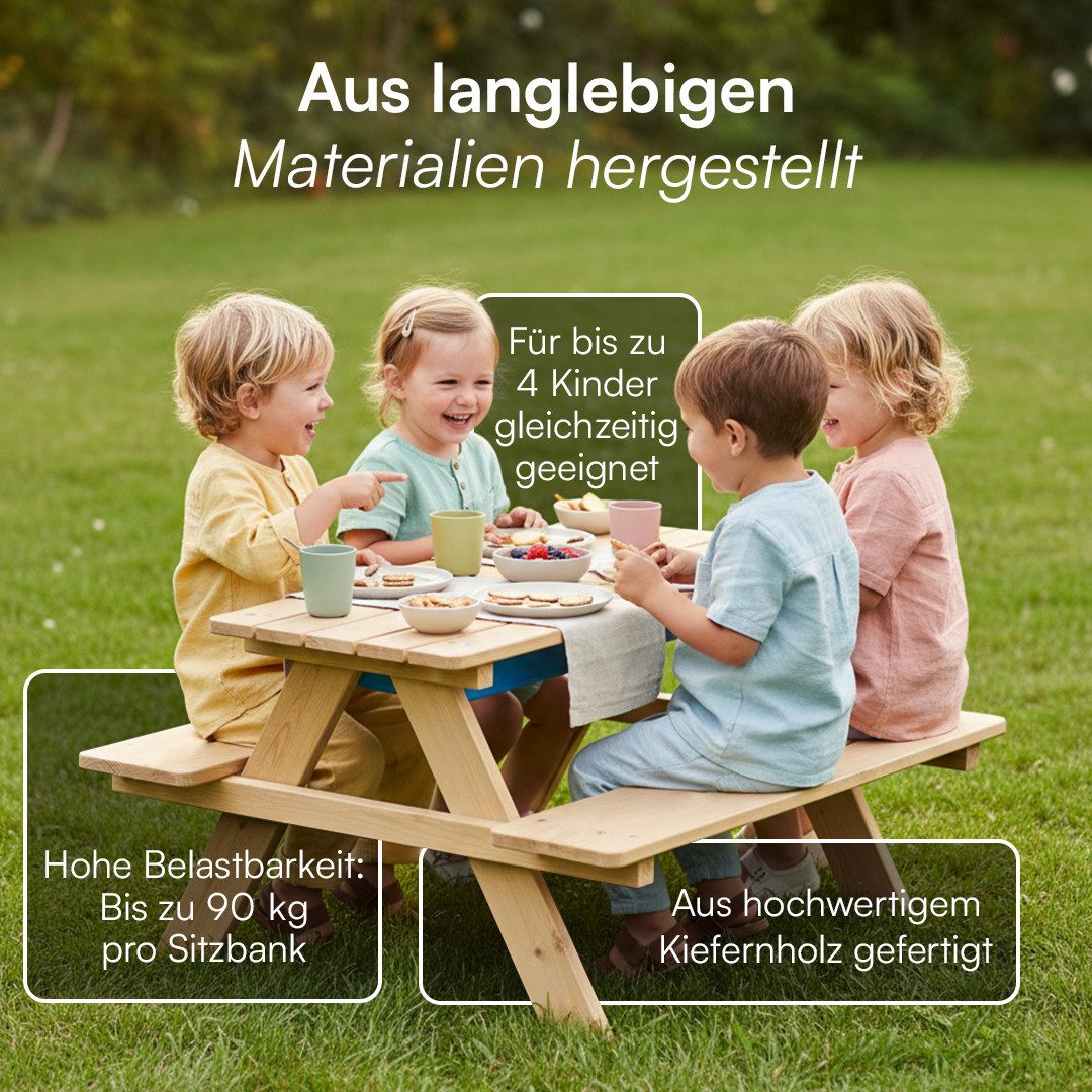 Bellabino Kindersitzgruppe Inny Outdoor-Bank aus Holz, (Tisch und Bänke, inkl. 2 Wannen, Sitzgruppe), für 4 Personen, unbehandelt, Kindermöbelset aus Kiefer Massivholz
