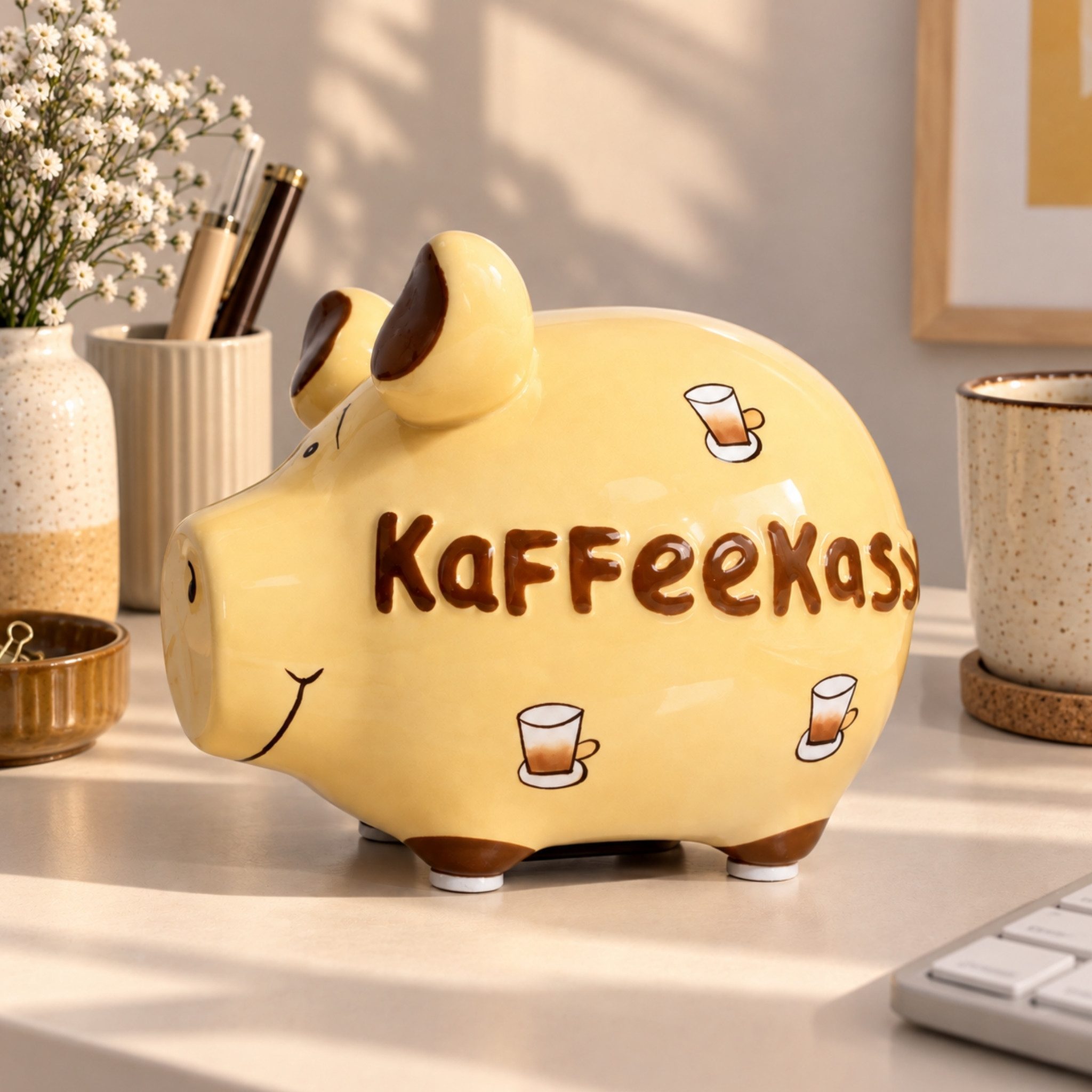 matches21 HOME & HOBBY Bilderrahmen Lustige Spardose Sparschwein KAFFEEKASSE braun 12,5 cm, Keramik Erwachsenen Sparbüchse - Gummistopfen zum Öffnen