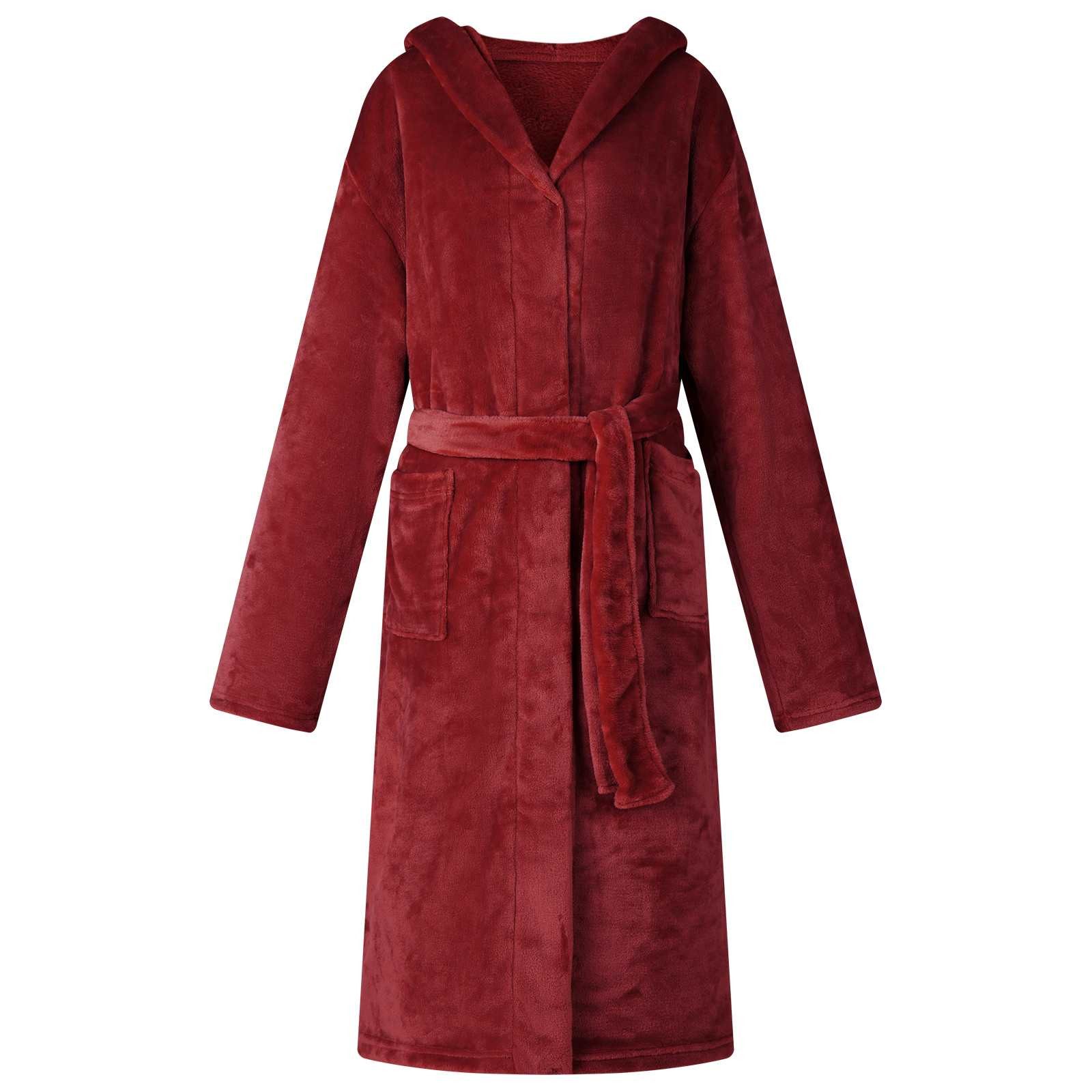 Damenbademantel M Bademantel Hoodie Bordeauxrot m Flanell