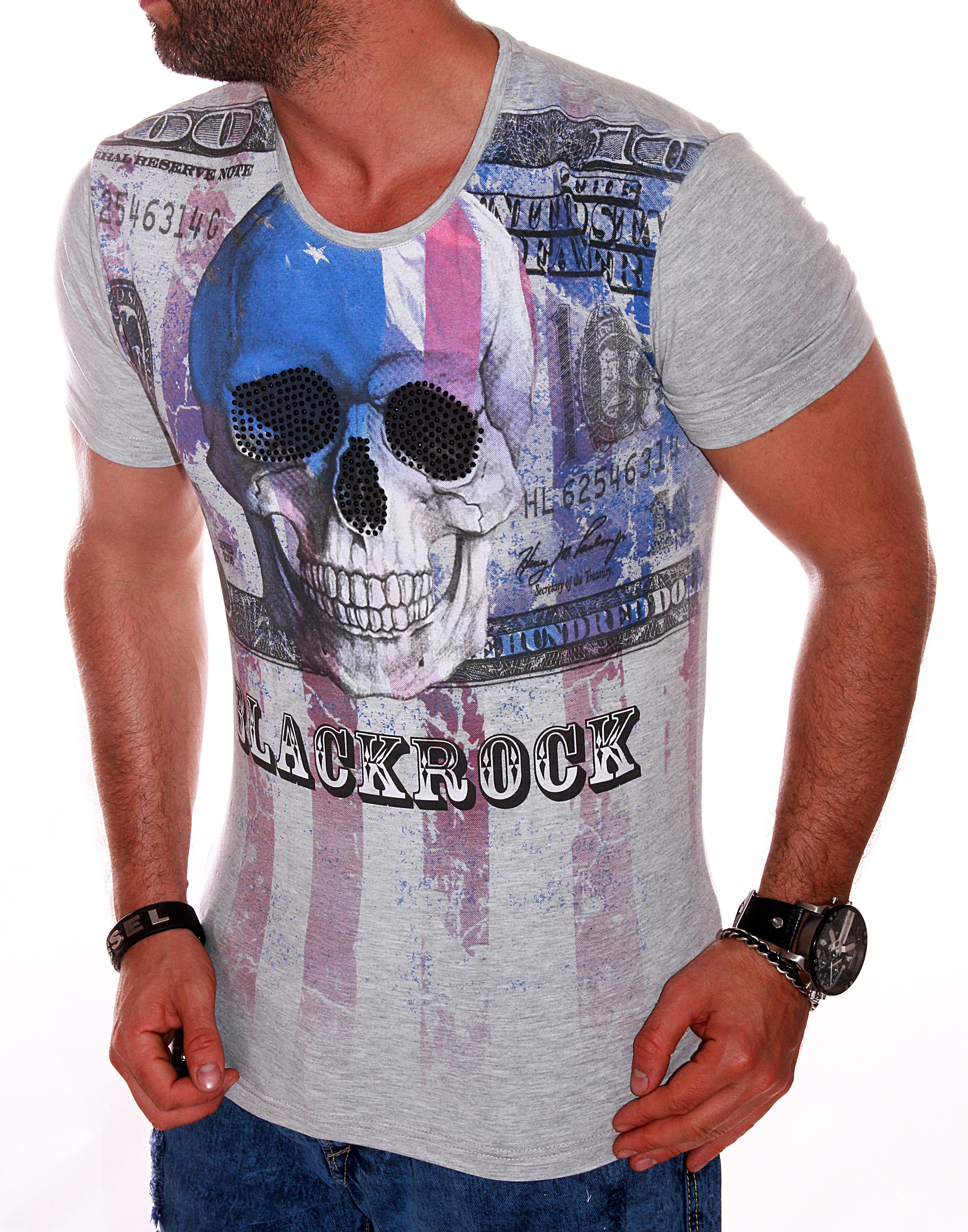 BLACKROCK T-Shirt Herren Dollar T-Shirt Totenkopf Motiv Freizeit-Shirt Grau Skull mit